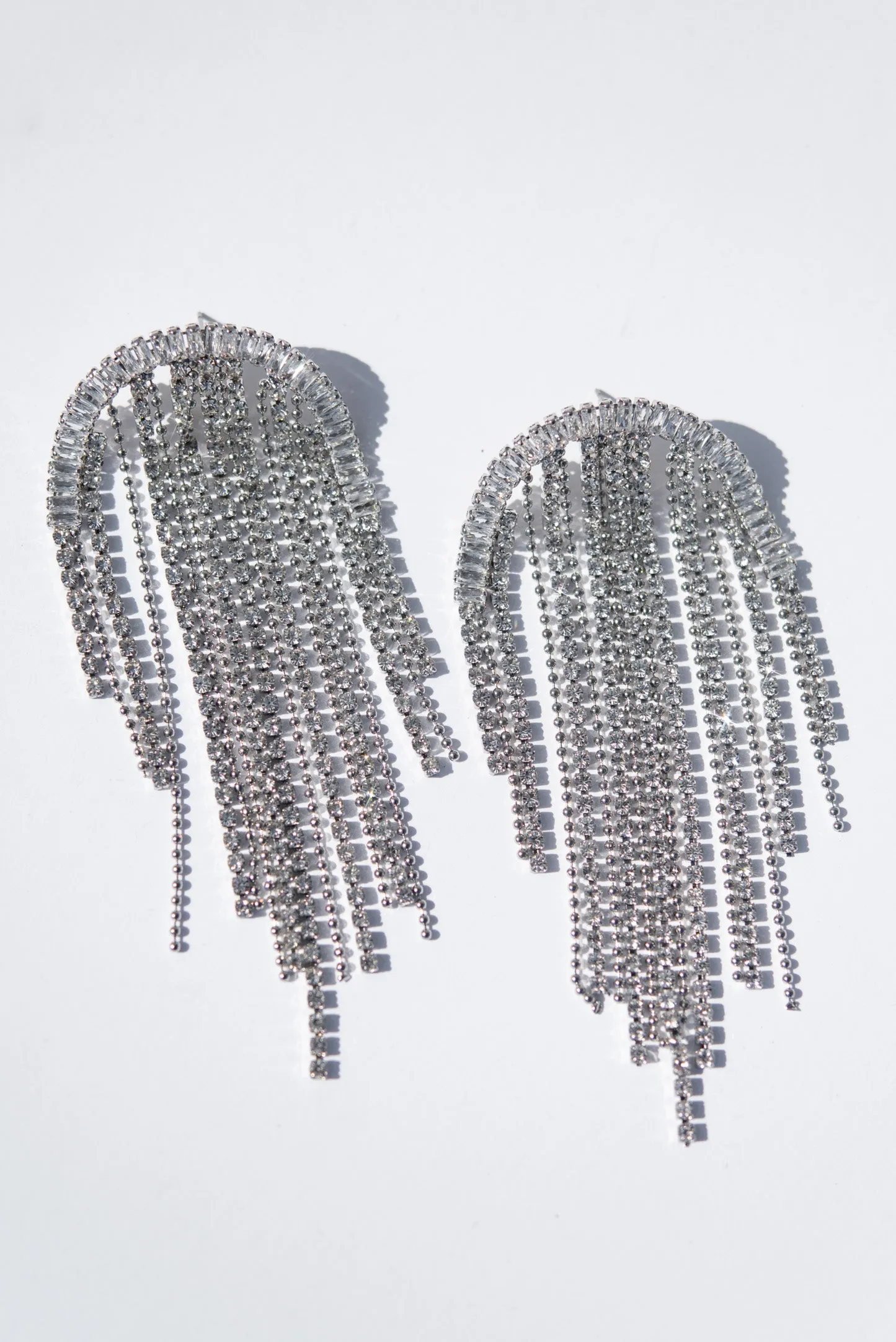 Delilah Crystal Rhinestone Arched Tassel Drop Earrings - Silver