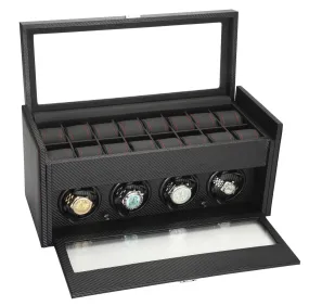 Diplomat Black Carbon Fiber Pattern Four Watch Winder & 16 Watch Additional Storage