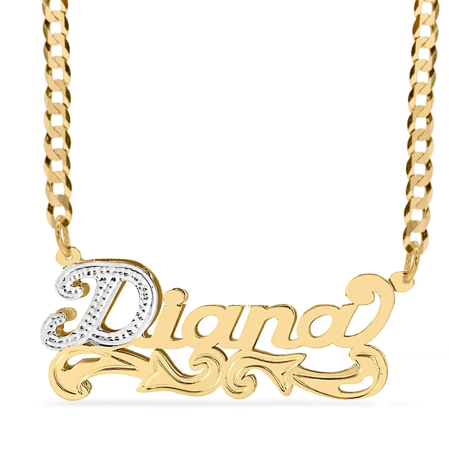 Double Plated Nameplate Necklace Diana with Cuban chain