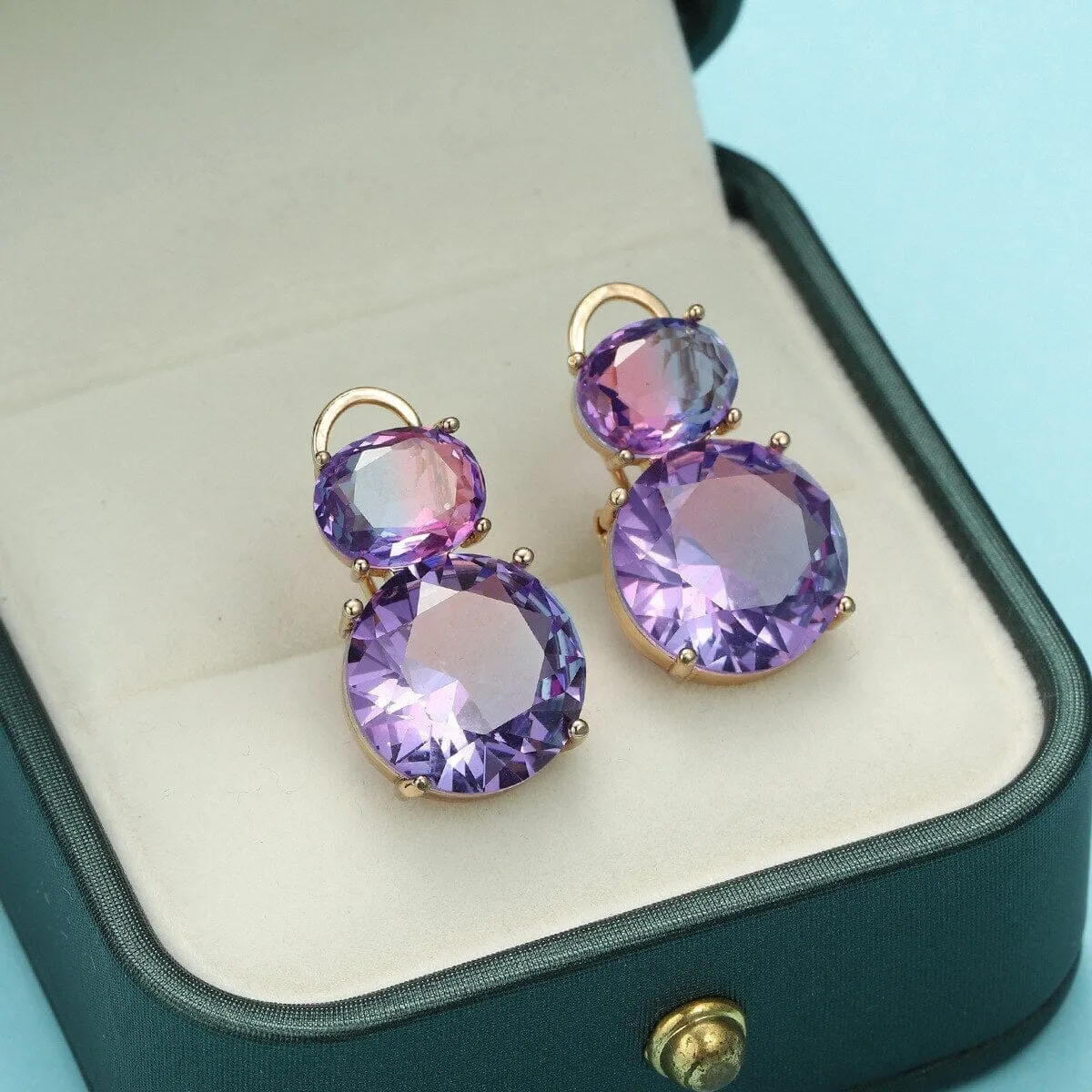 Elegant Two Round Amethyst Drop Earrings