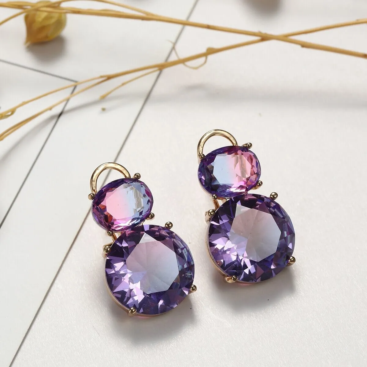 Elegant Two Round Amethyst Drop Earrings