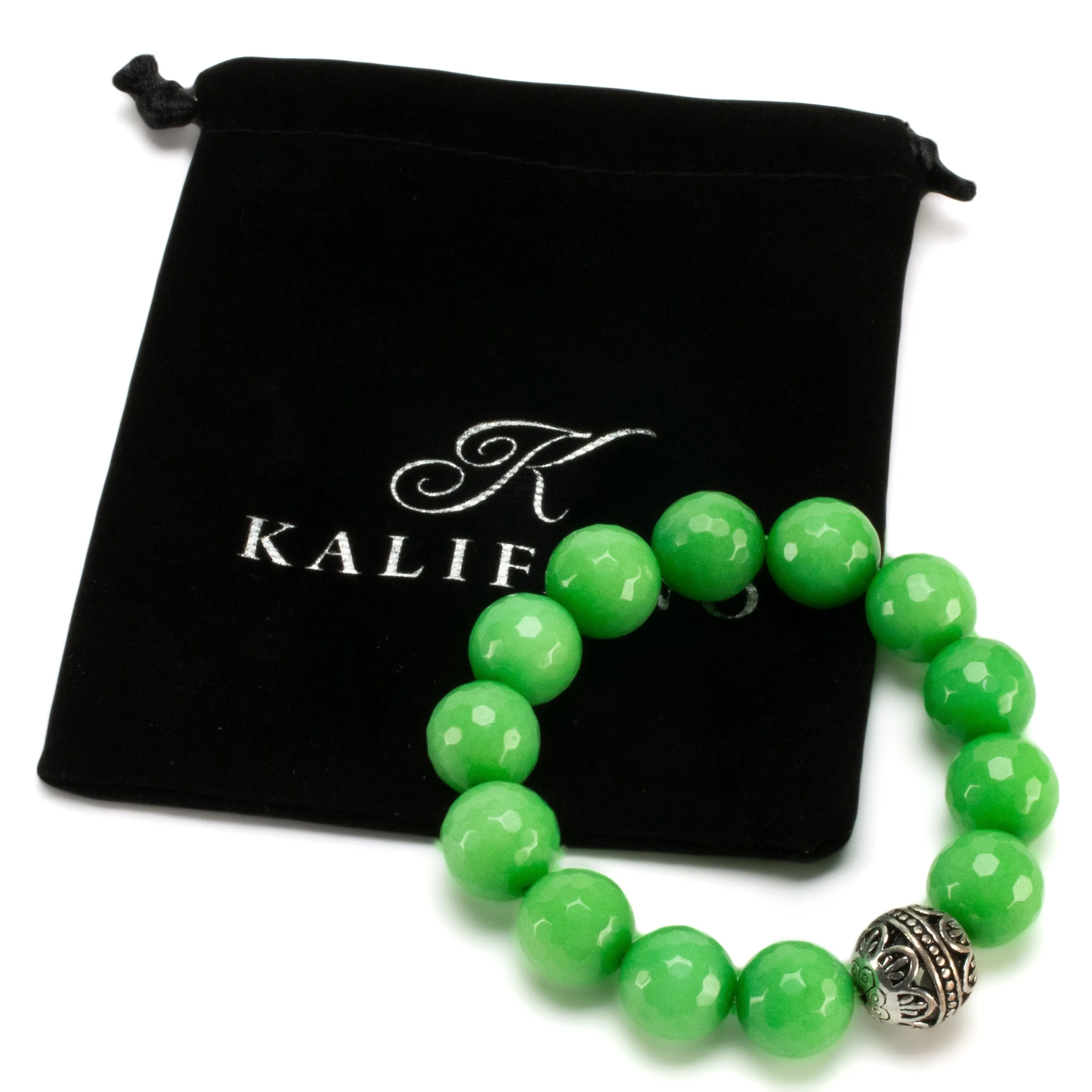 Faceted Green Color Enhanced Jade with Silver Accent Bead Gemstone Elastic Bracelet