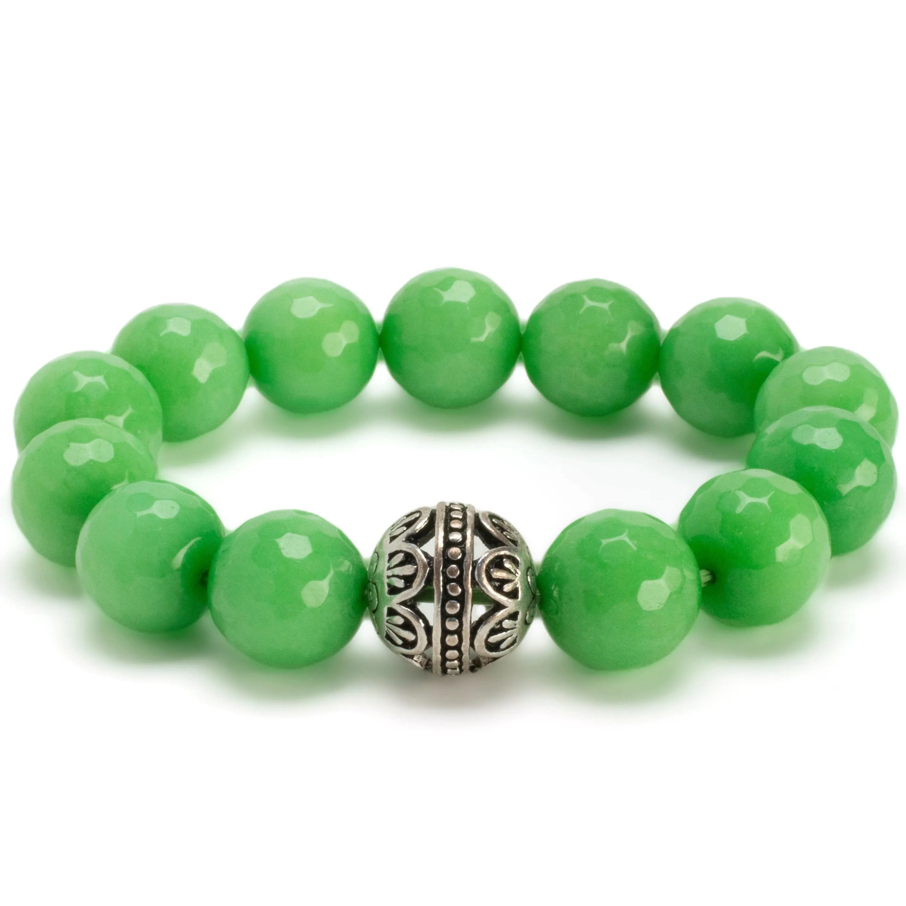 Faceted Green Color Enhanced Jade with Silver Accent Bead Gemstone Elastic Bracelet