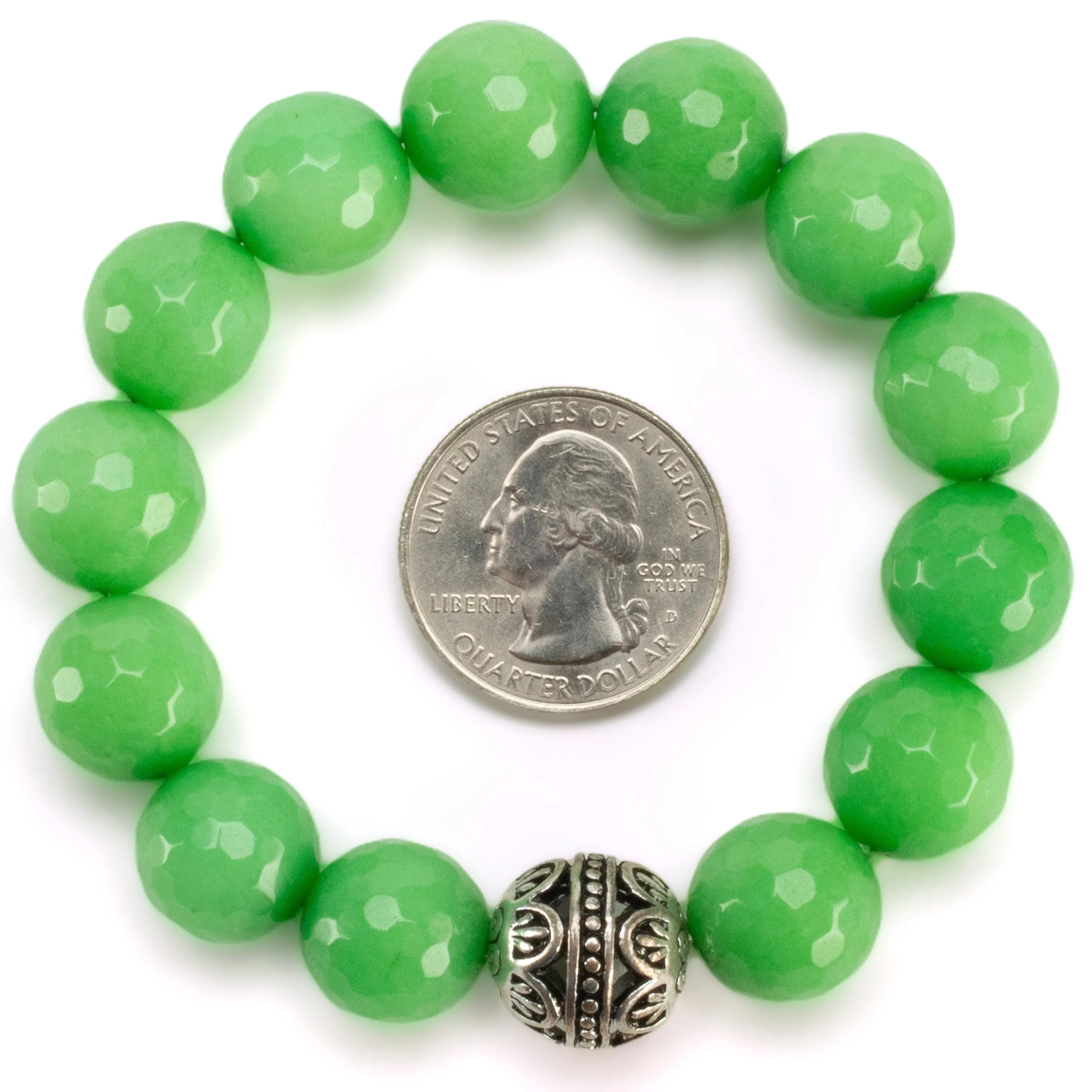 Faceted Green Color Enhanced Jade with Silver Accent Bead Gemstone Elastic Bracelet