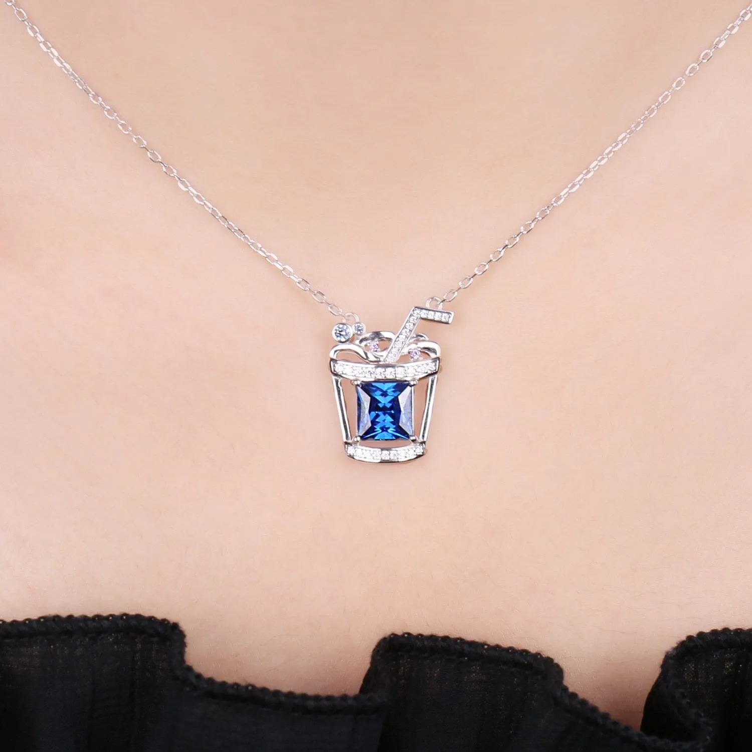 Fashion Ice Cold Drink 3.1ct Blue Sapphire Gemstone Necklace - 925 Sterling Silver