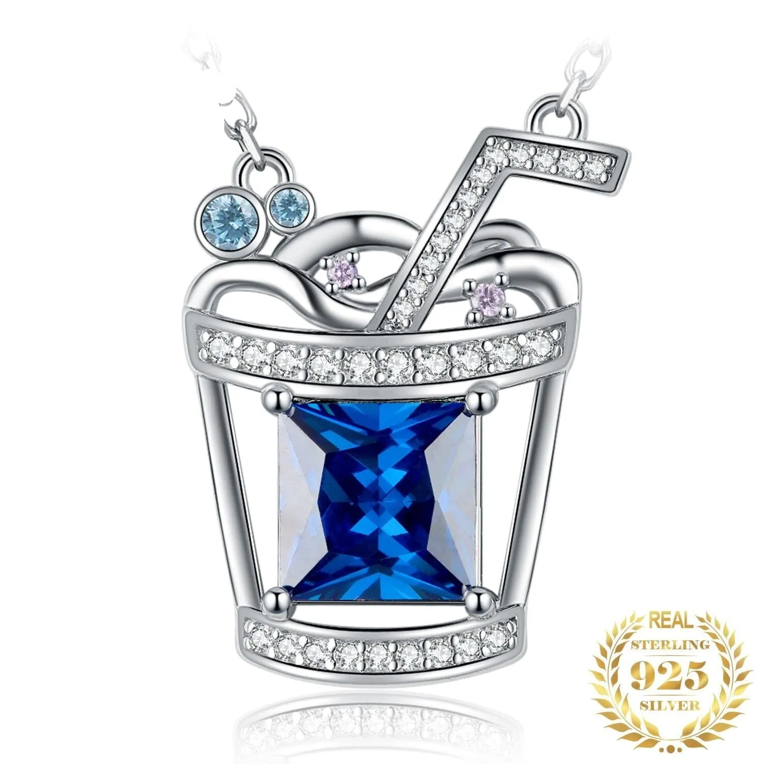 Fashion Ice Cold Drink 3.1ct Blue Sapphire Gemstone Necklace - 925 Sterling Silver