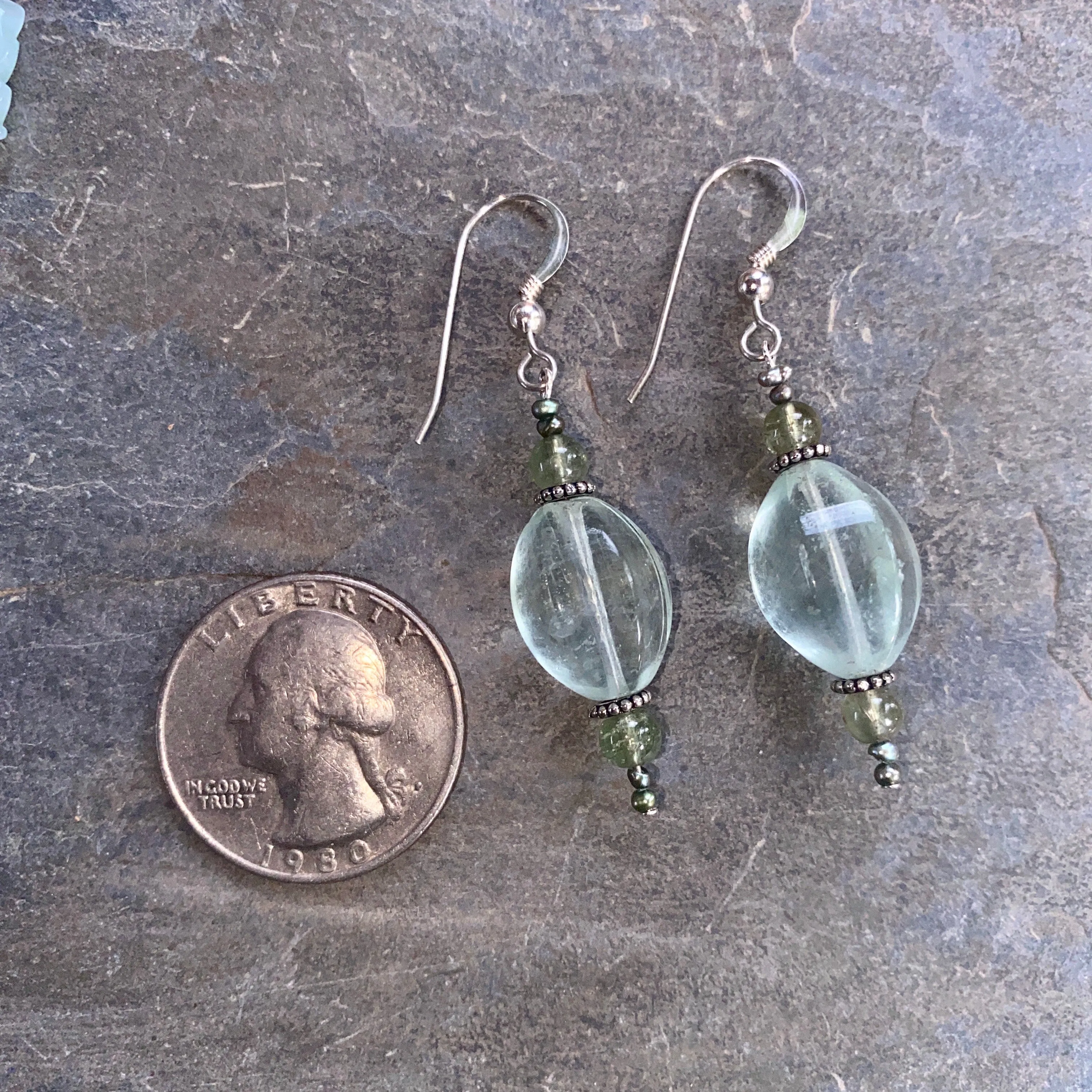 Fluorite, sterling silver, green apatite, and tiny fresh water pearl pearl drop earrings