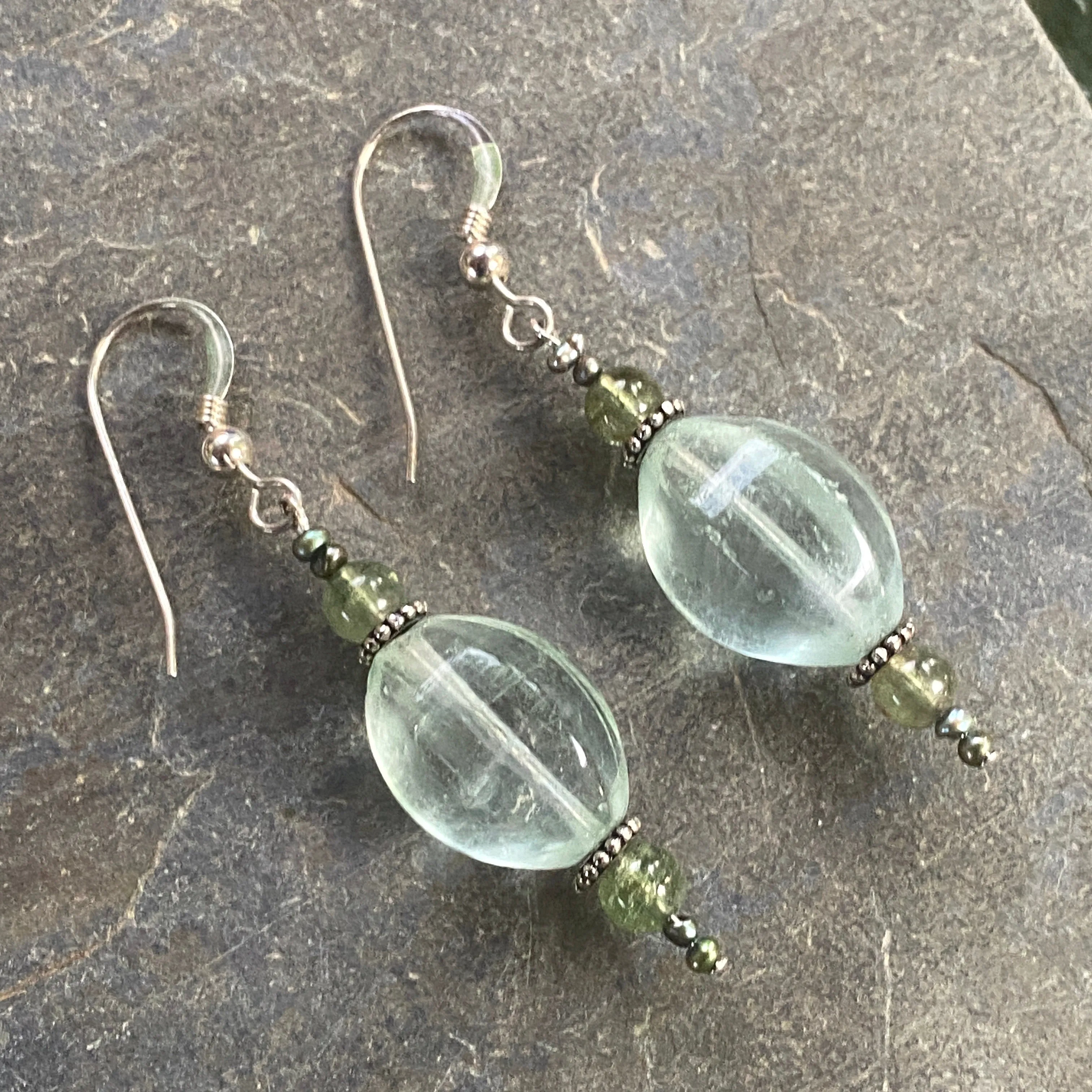 Fluorite, sterling silver, green apatite, and tiny fresh water pearl pearl drop earrings