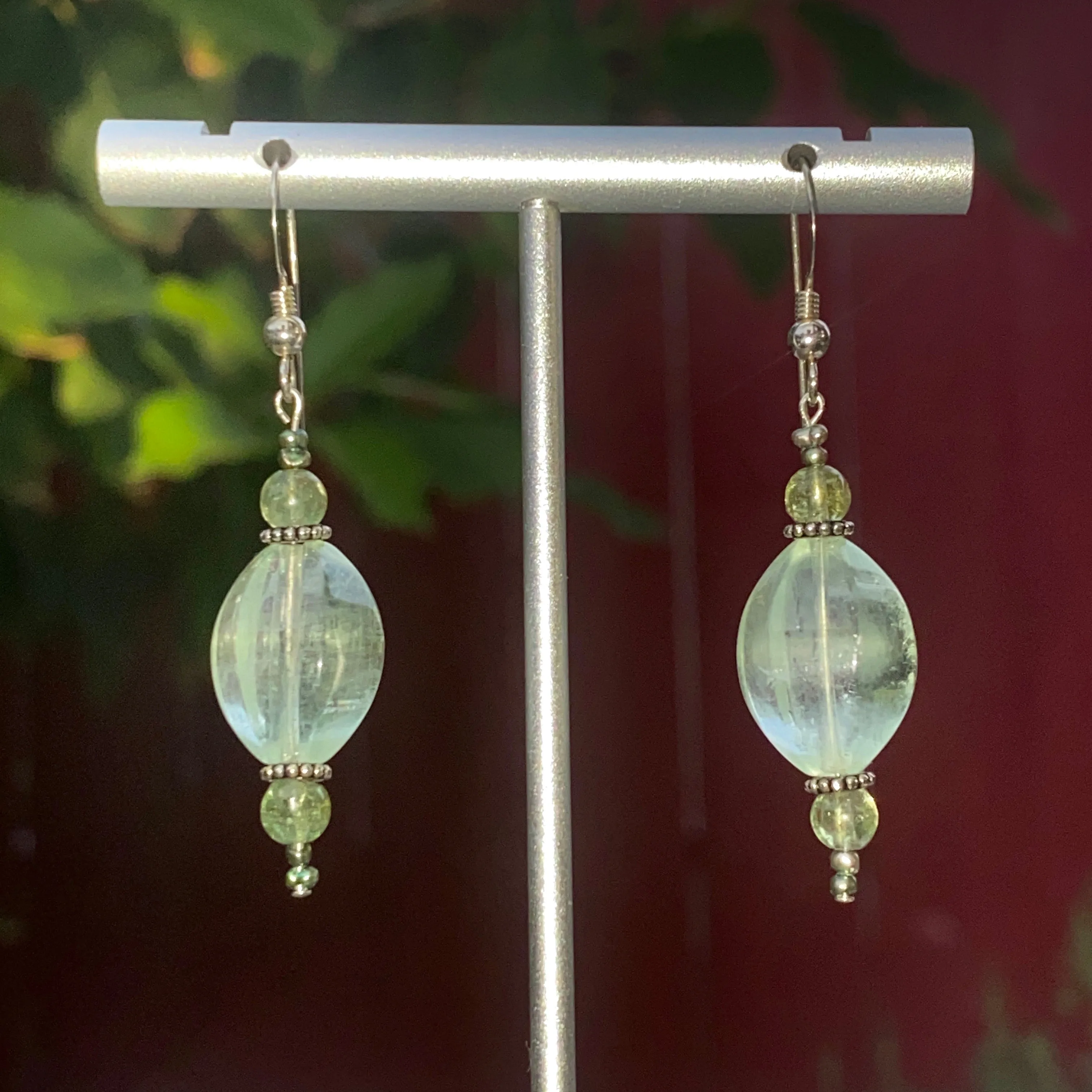 Fluorite, sterling silver, green apatite, and tiny fresh water pearl pearl drop earrings