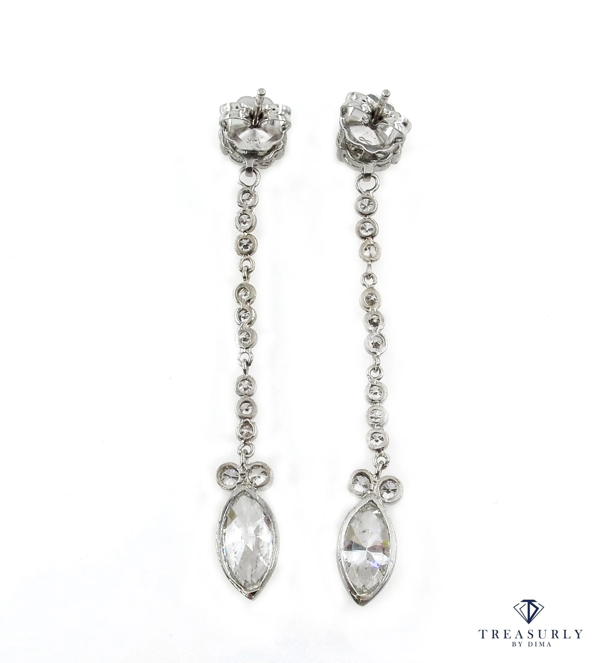 GIA 2.84ct Marquise and Round Diamond Drop Dangling 14k White Gold Earrings