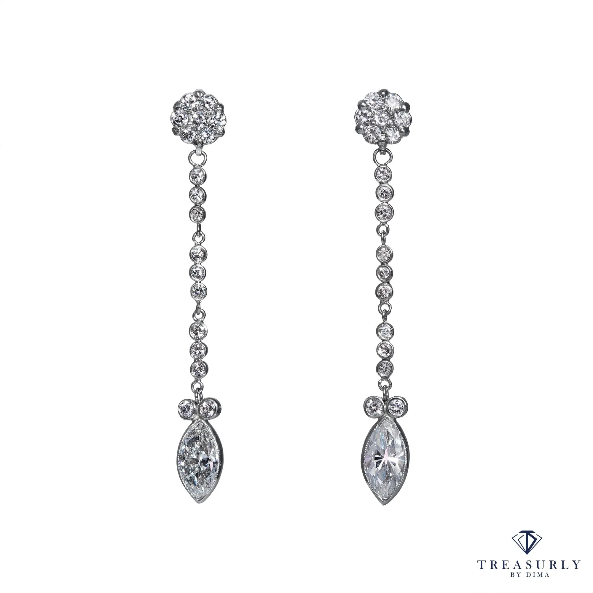 GIA 2.84ct Marquise and Round Diamond Drop Dangling 14k White Gold Earrings