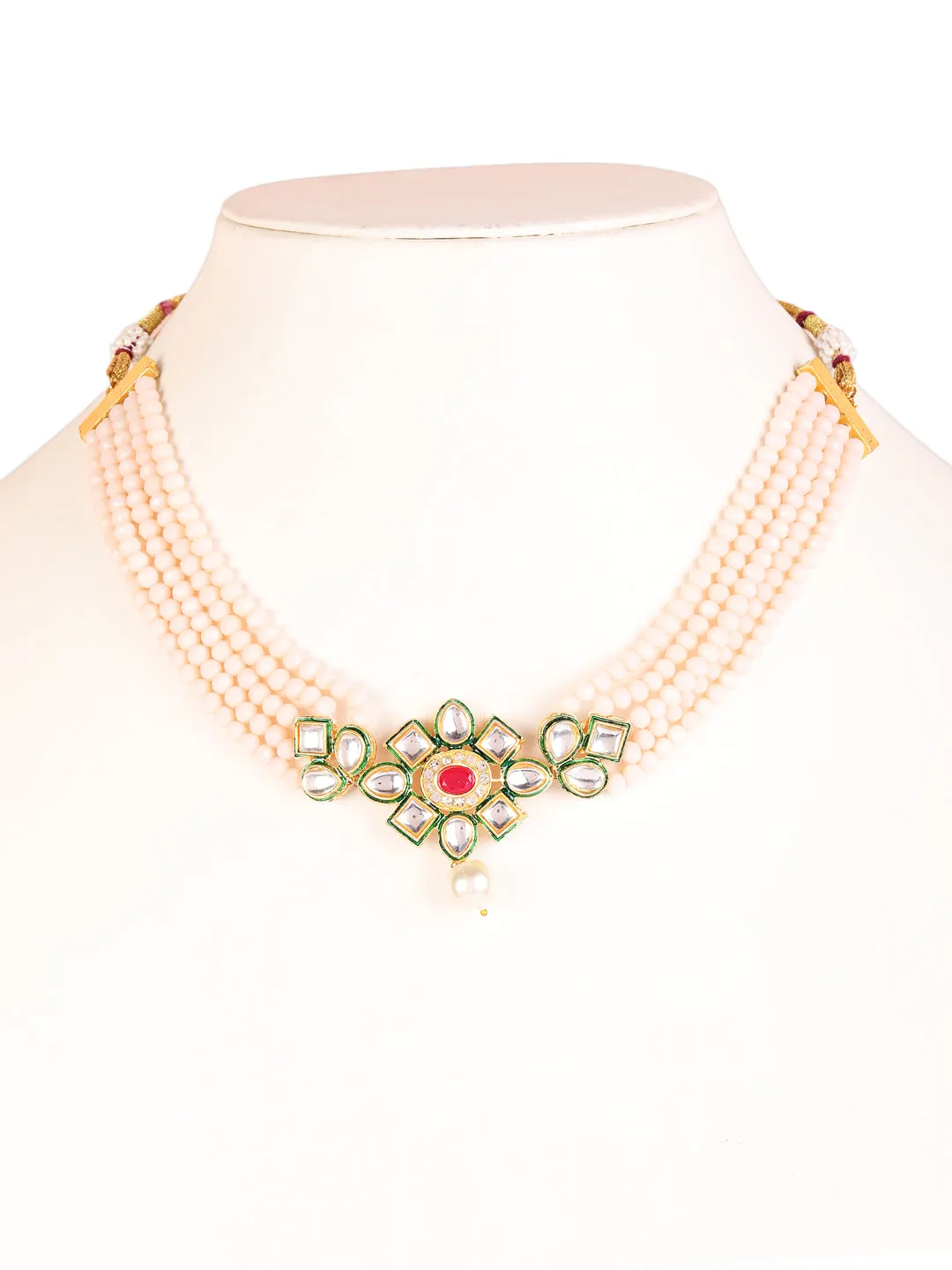 Gold-Plated Peachpink & Green Kundan-Studded & Beaded Handcrafted Jewellery Set