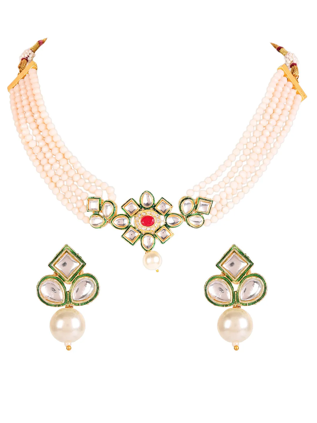 Gold-Plated Peachpink & Green Kundan-Studded & Beaded Handcrafted Jewellery Set