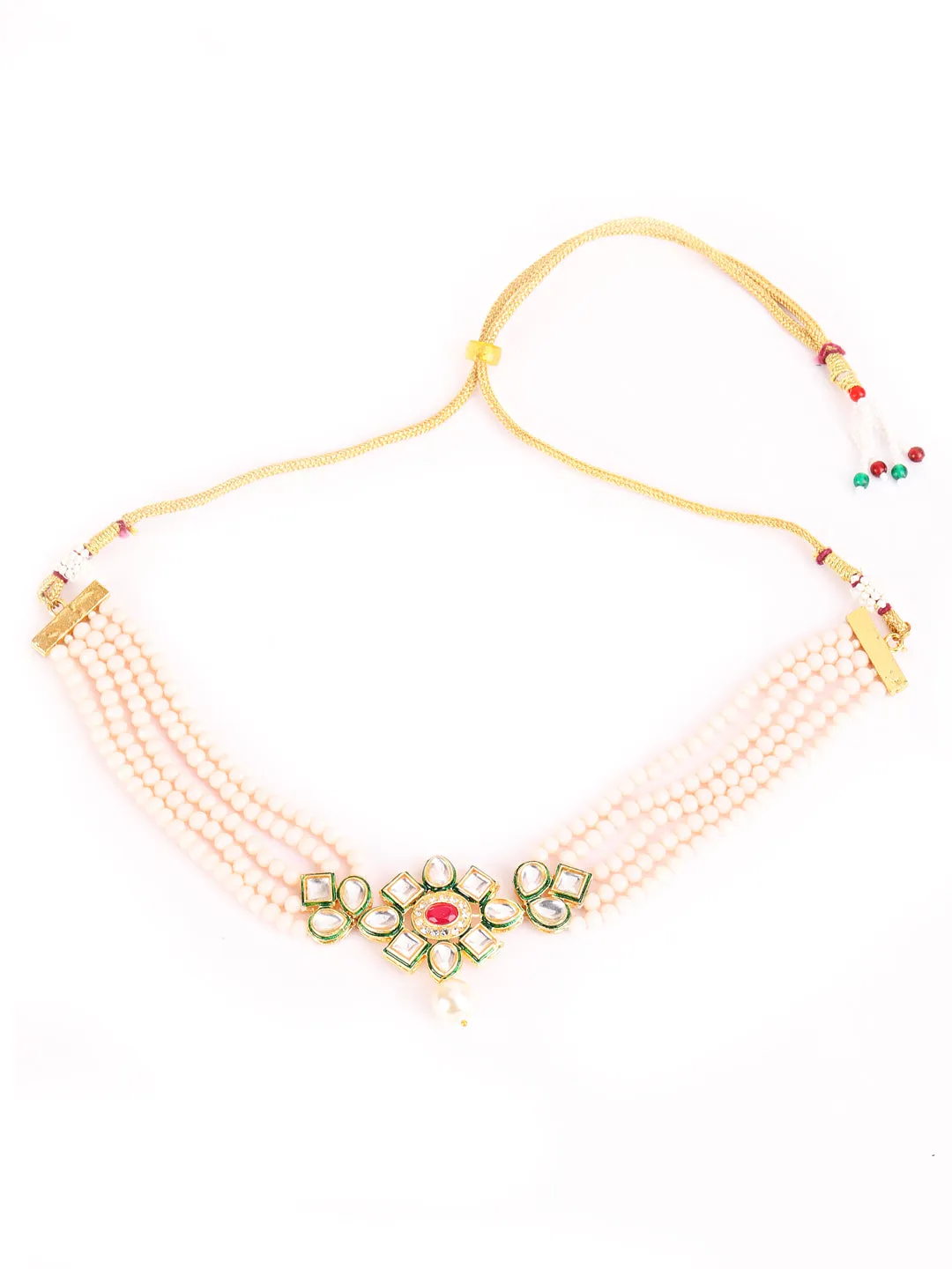 Gold-Plated Peachpink & Green Kundan-Studded & Beaded Handcrafted Jewellery Set