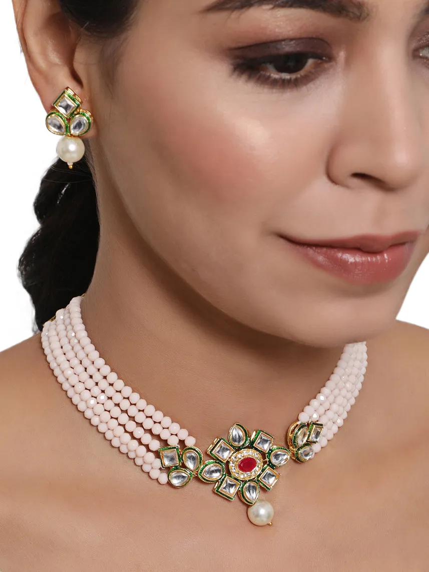 Gold-Plated Peachpink & Green Kundan-Studded & Beaded Handcrafted Jewellery Set