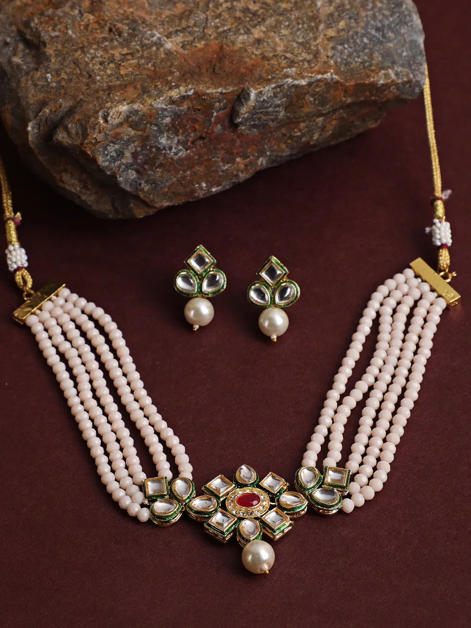 Gold-Plated Peachpink & Green Kundan-Studded & Beaded Handcrafted Jewellery Set