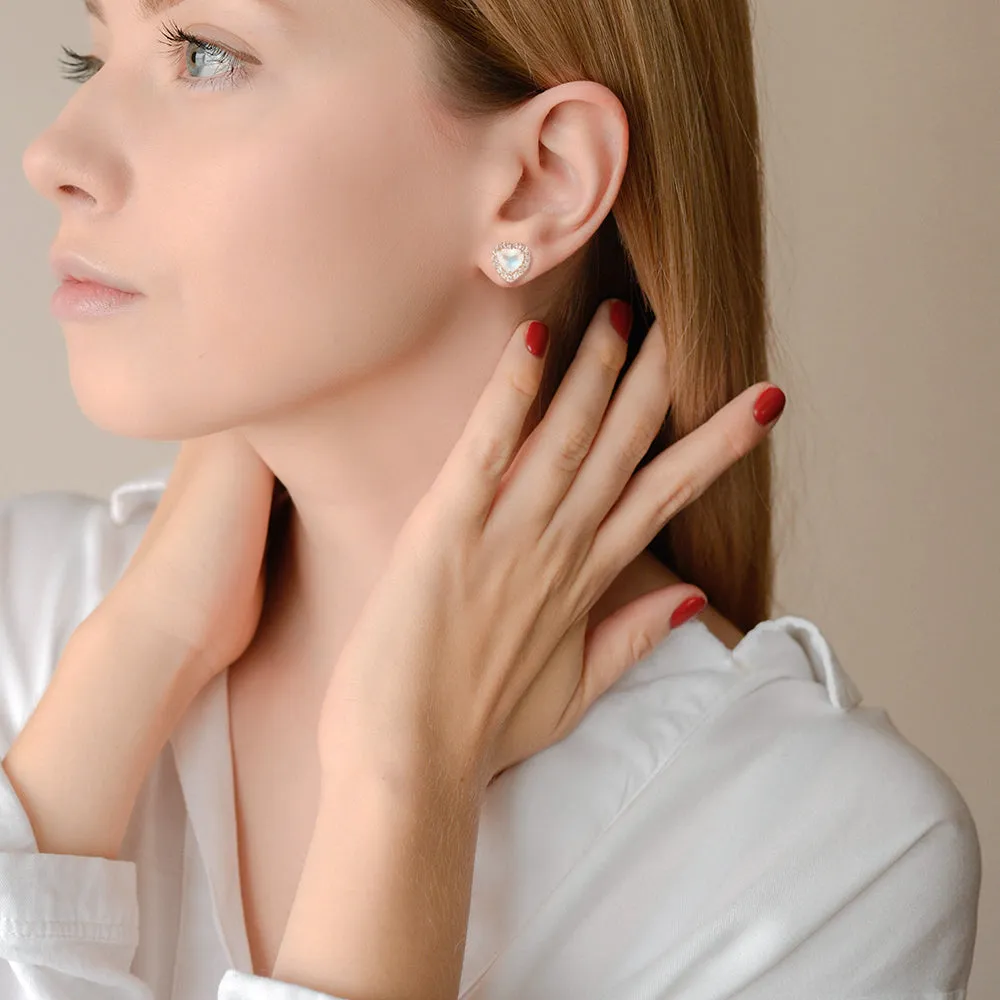 Heart Moonstone Stud Earrings With White Sapphire Halo