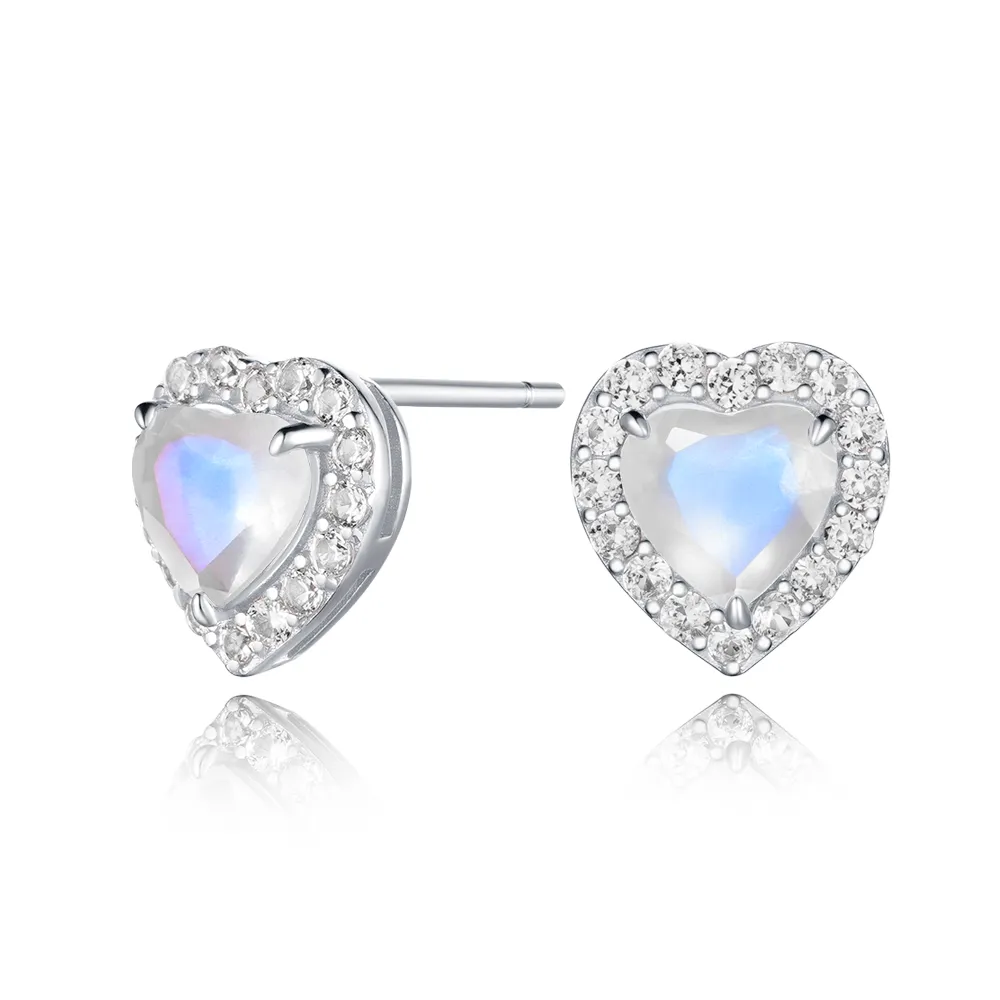 Heart Moonstone Stud Earrings With White Sapphire Halo