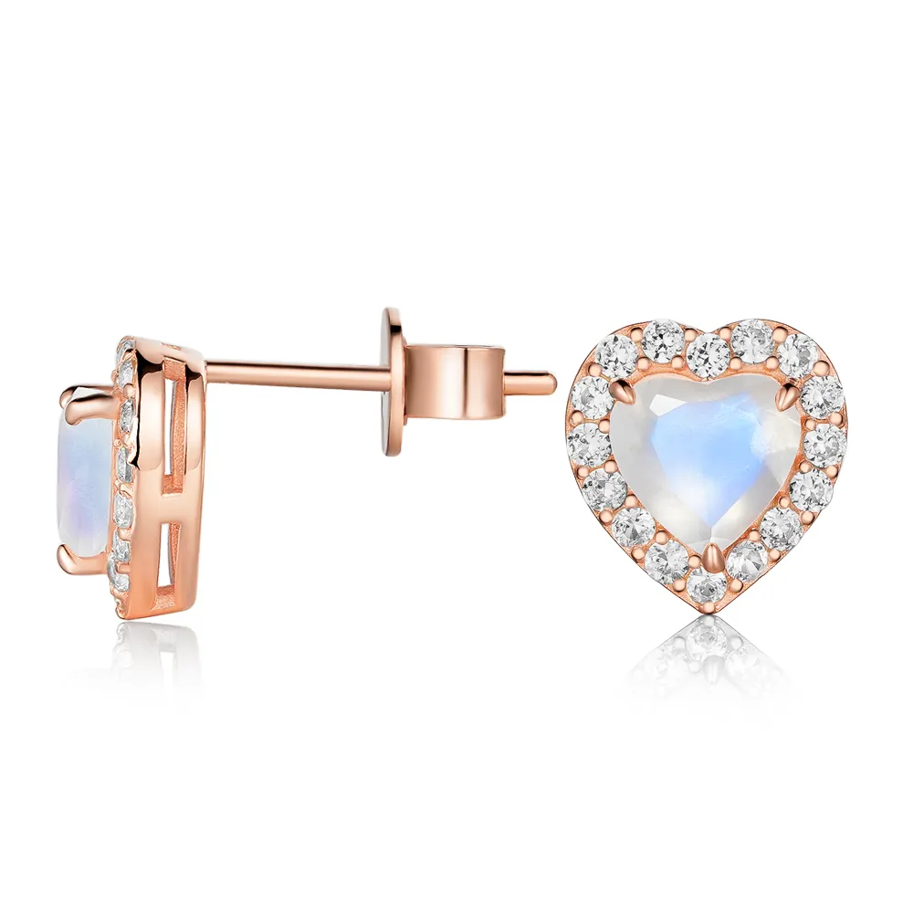 Heart Moonstone Stud Earrings With White Sapphire Halo