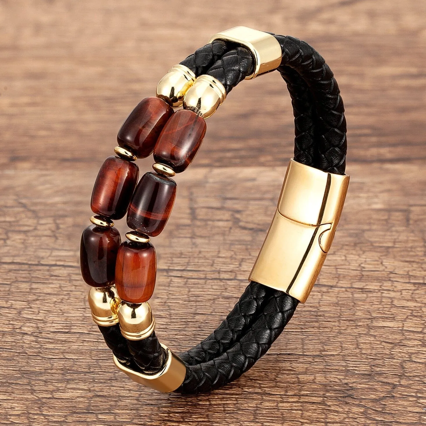 High Quality Natural Tiger Eye Braided Leather Rope Bracelet