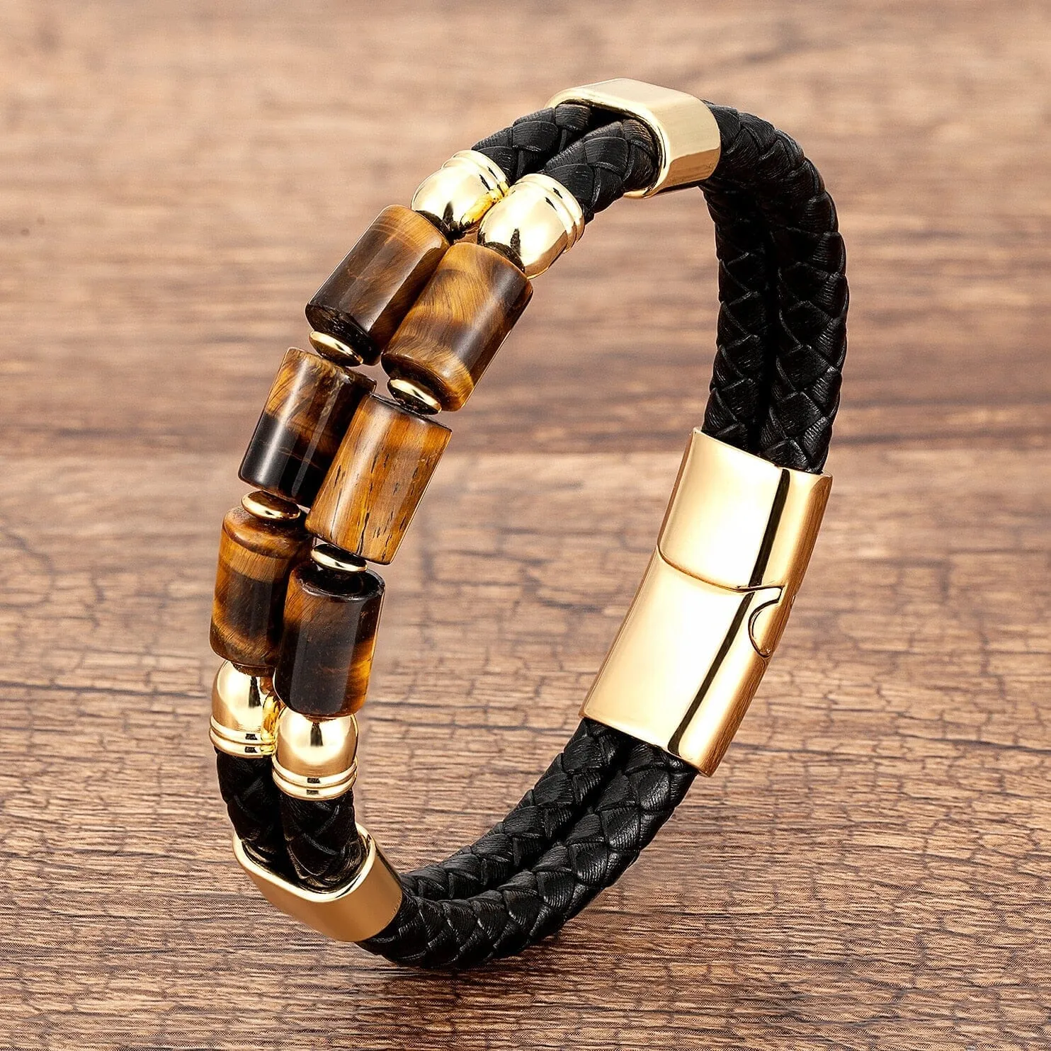 High Quality Natural Tiger Eye Braided Leather Rope Bracelet