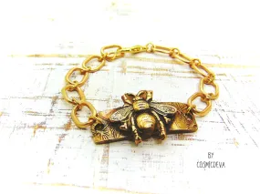 Honeybee Bracelet With Handformed Artisan Chain, Gold Tone Bronze Bracelet