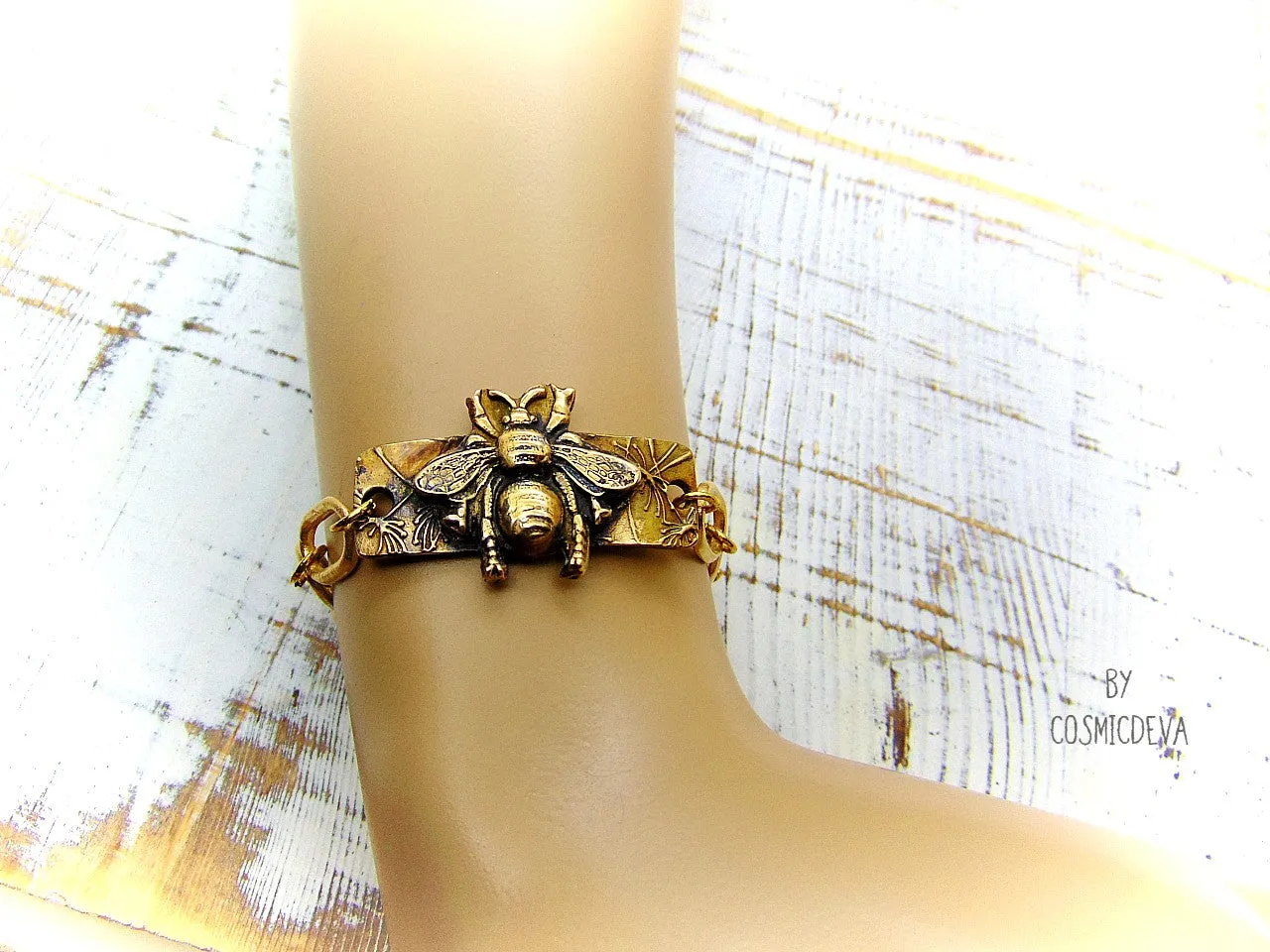 Honeybee Bracelet With Handformed Artisan Chain, Gold Tone Bronze Bracelet