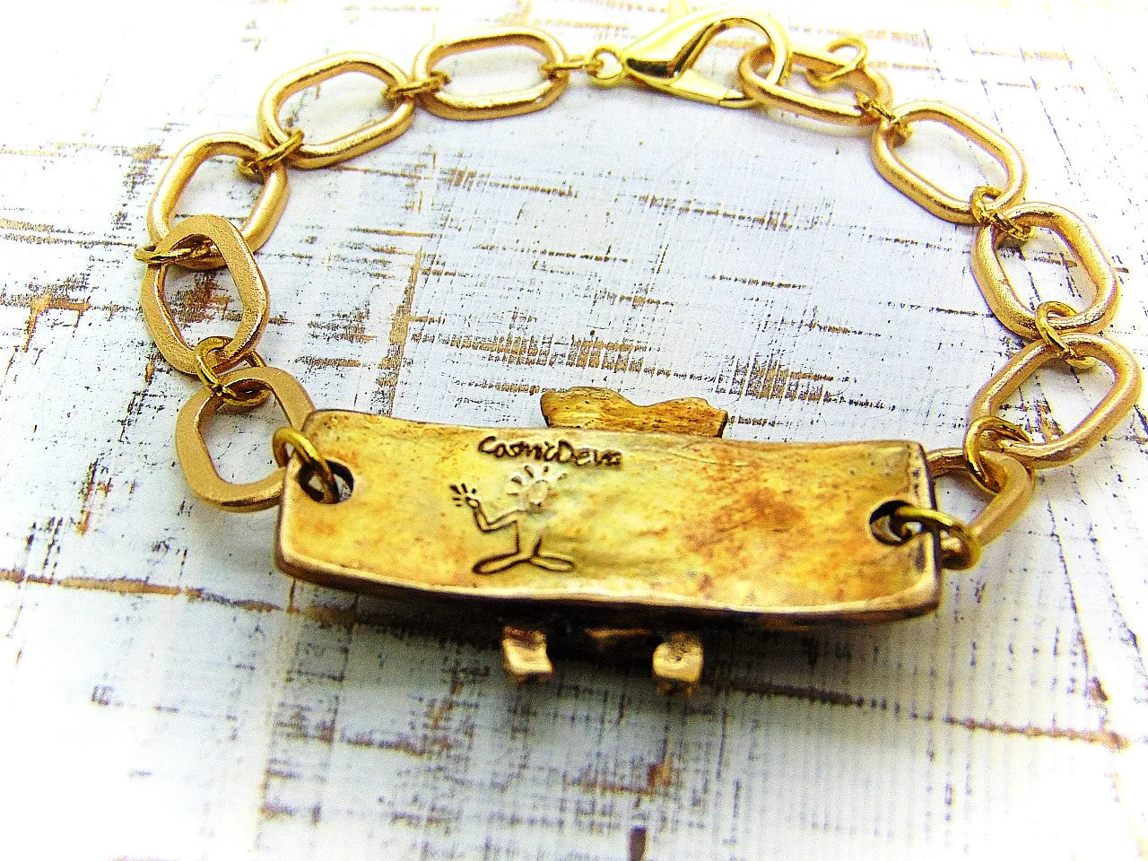 Honeybee Bracelet With Handformed Artisan Chain, Gold Tone Bronze Bracelet