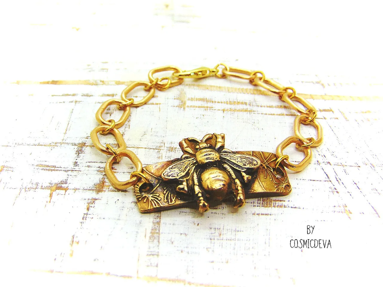 Honeybee Bracelet With Handformed Artisan Chain, Gold Tone Bronze Bracelet