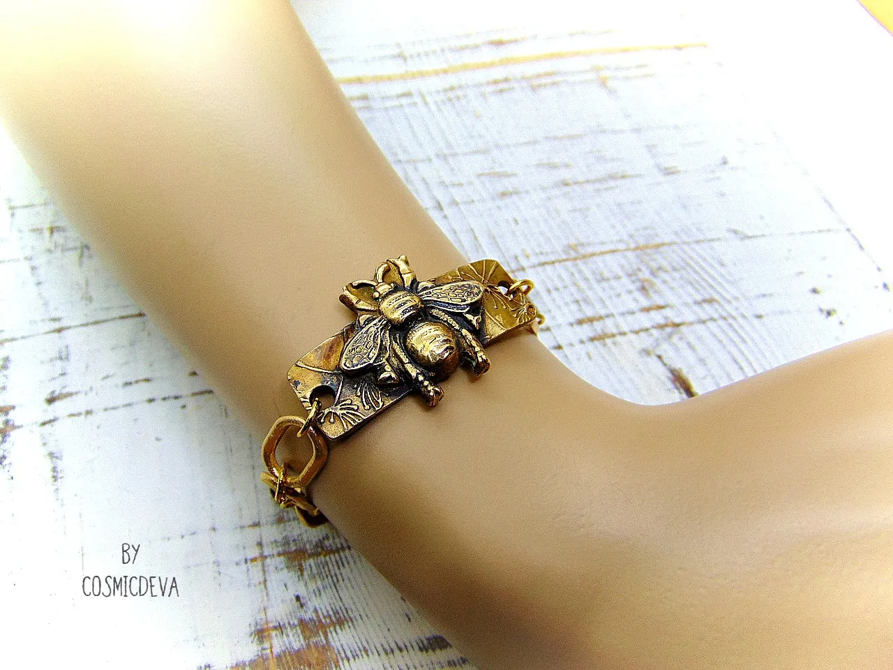 Honeybee Bracelet With Handformed Artisan Chain, Gold Tone Bronze Bracelet