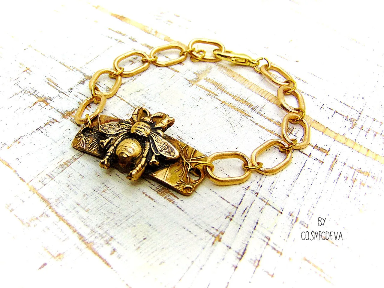 Honeybee Bracelet With Handformed Artisan Chain, Gold Tone Bronze Bracelet