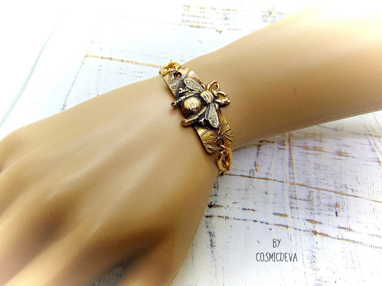 Honeybee Bracelet With Handformed Artisan Chain, Gold Tone Bronze Bracelet