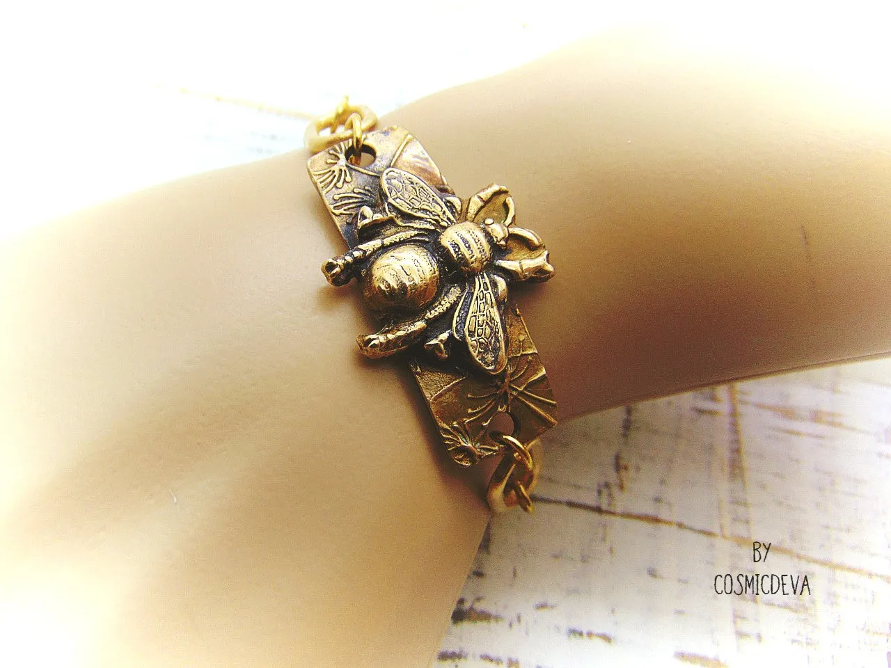 Honeybee Bracelet With Handformed Artisan Chain, Gold Tone Bronze Bracelet