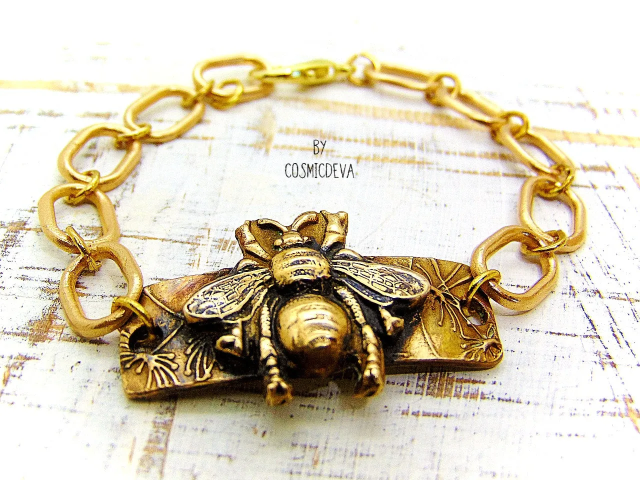 Honeybee Bracelet With Handformed Artisan Chain, Gold Tone Bronze Bracelet