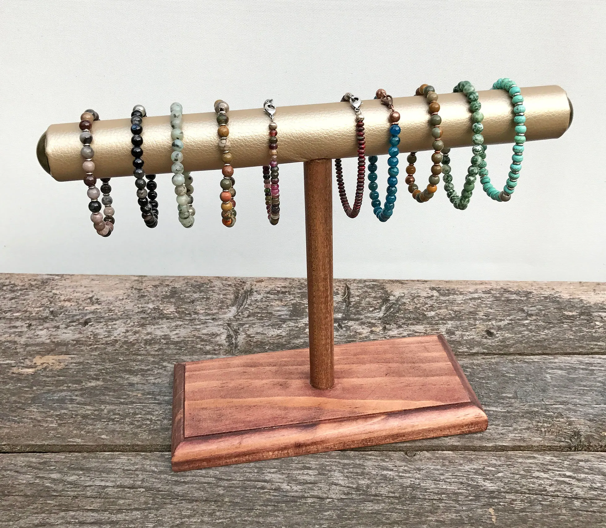 Jewelry Display, Bracelet Stand, Bracelet Holder, T-Bar Stand, Jewelry Storage, Wood Stand, Gold Vinyl