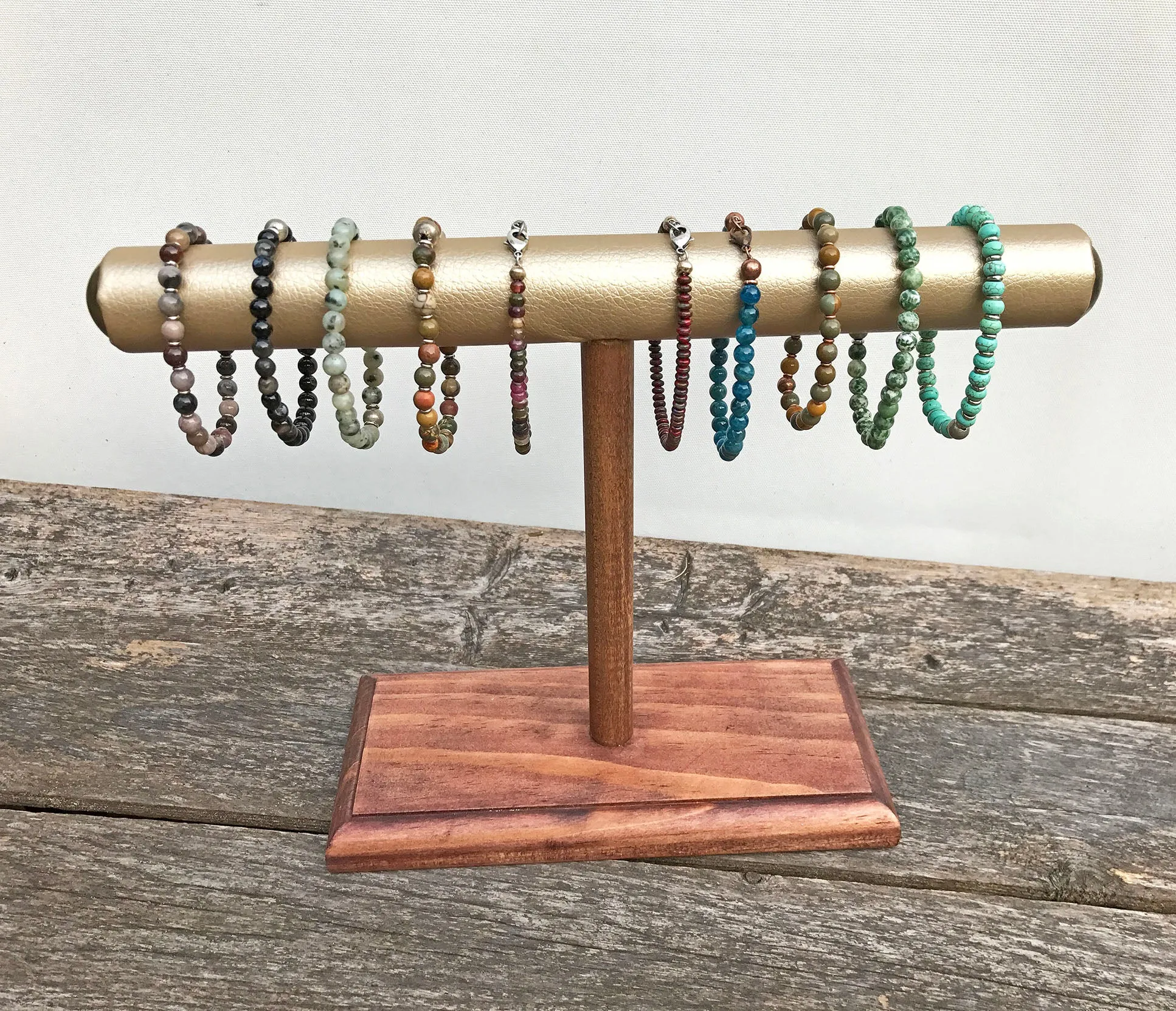 Jewelry Display, Bracelet Stand, Bracelet Holder, T-Bar Stand, Jewelry Storage, Wood Stand, Gold Vinyl