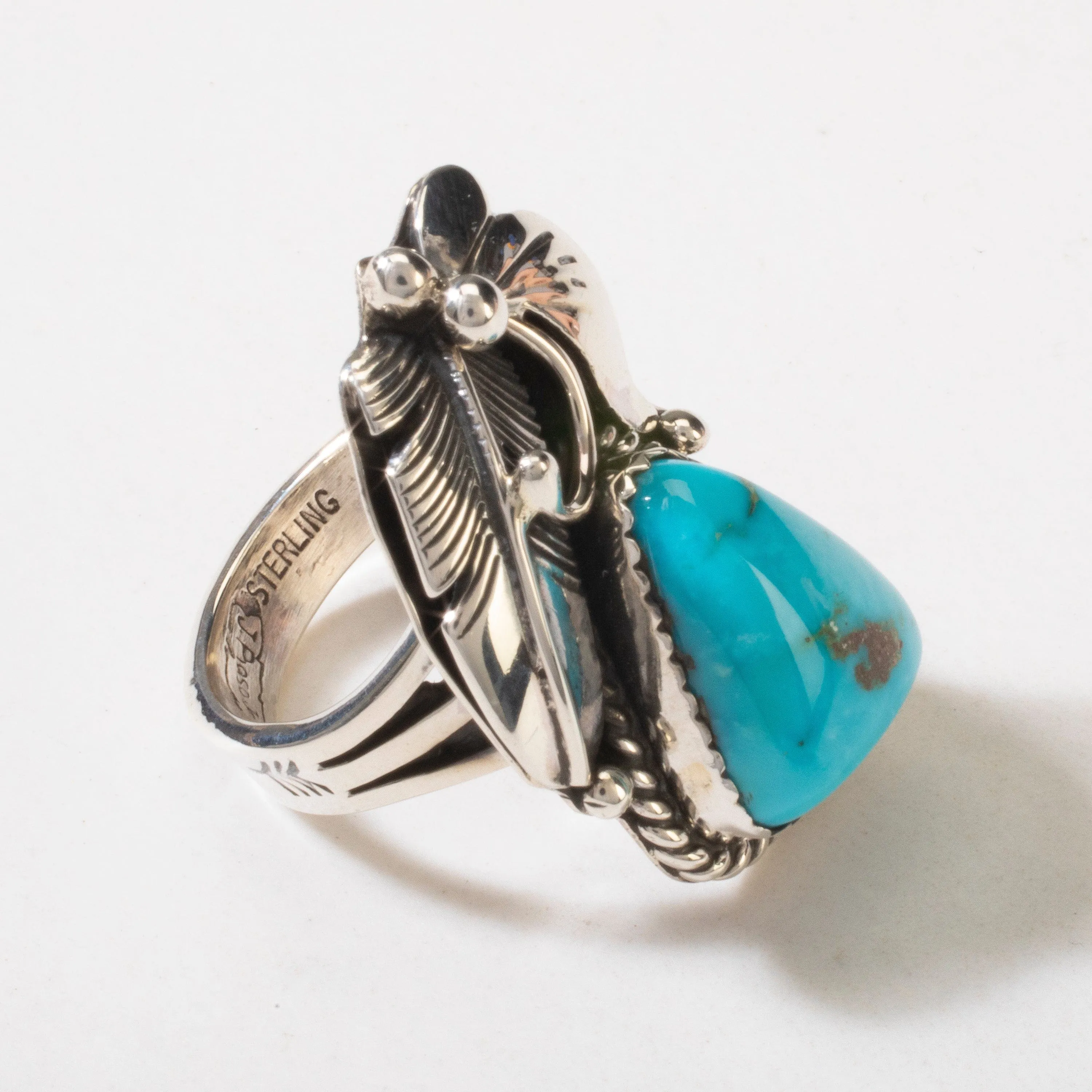 Joe Piaso Jr. Sleeping Beauty Turquoise Feather Navajo USA Native American Made 925 Sterling Silver Ring