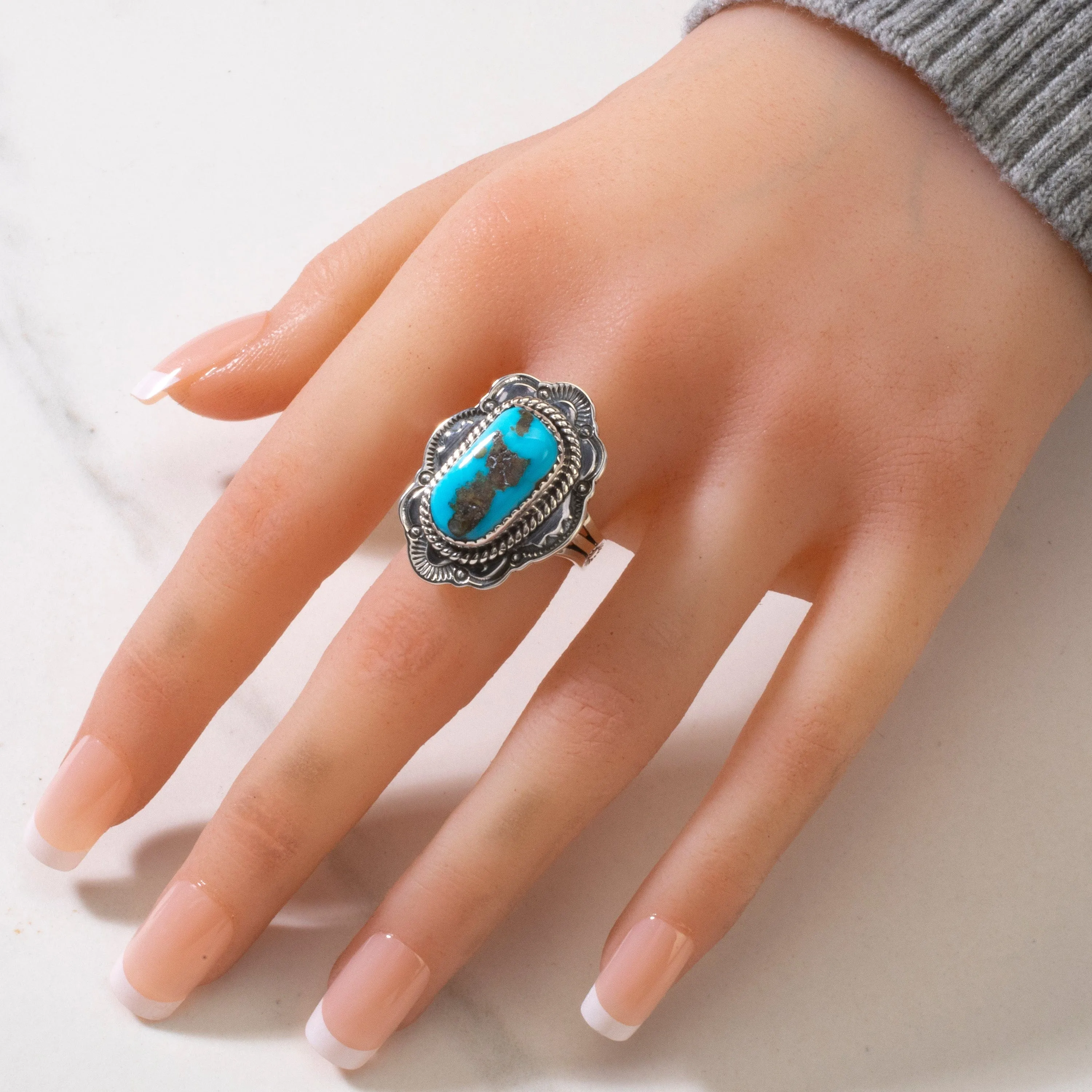 Joe Piaso Jr. Sleeping Beauty Turquoise Navajo USA Native American Made 925 Sterling Silver Ring