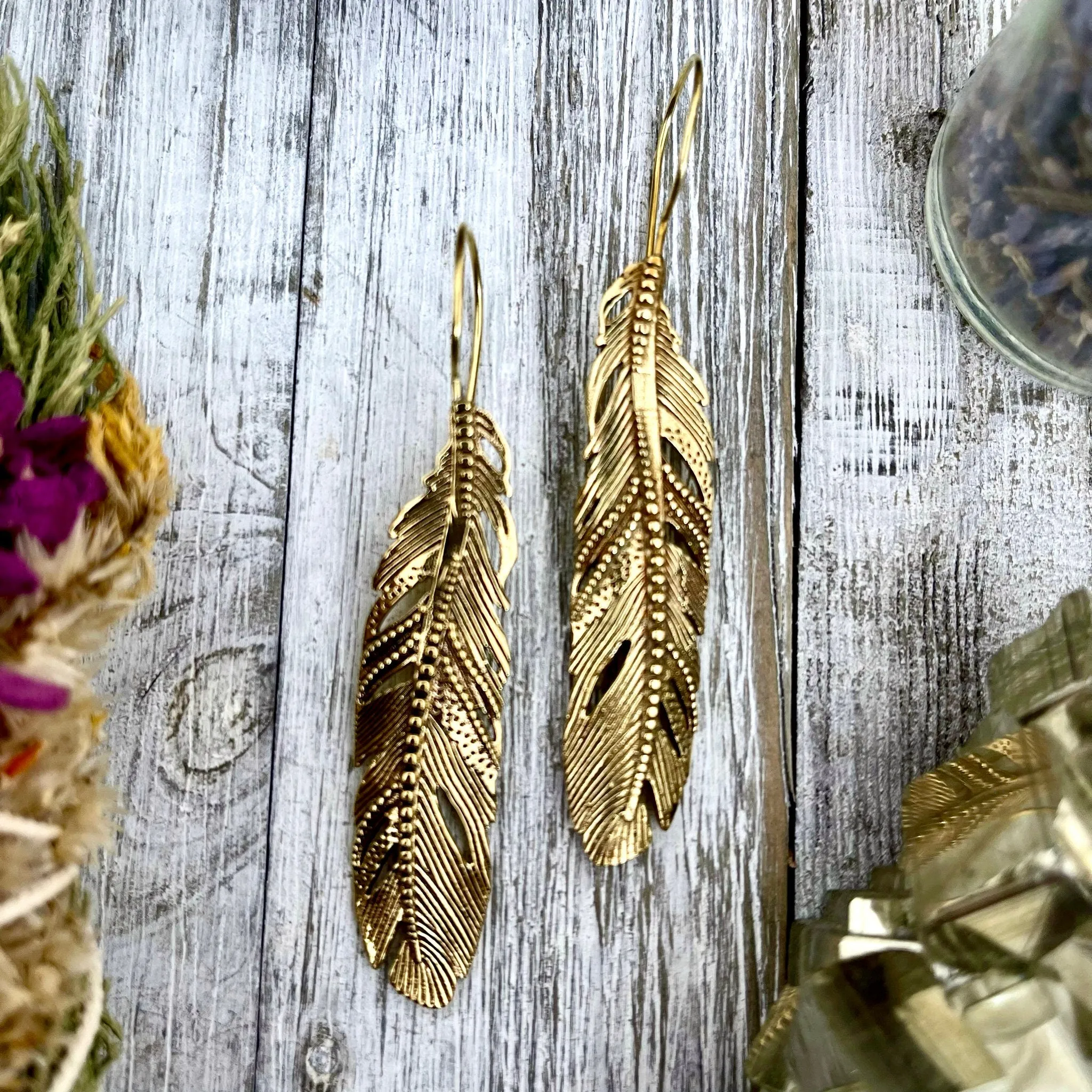 Long Large Brass Feather Earrings