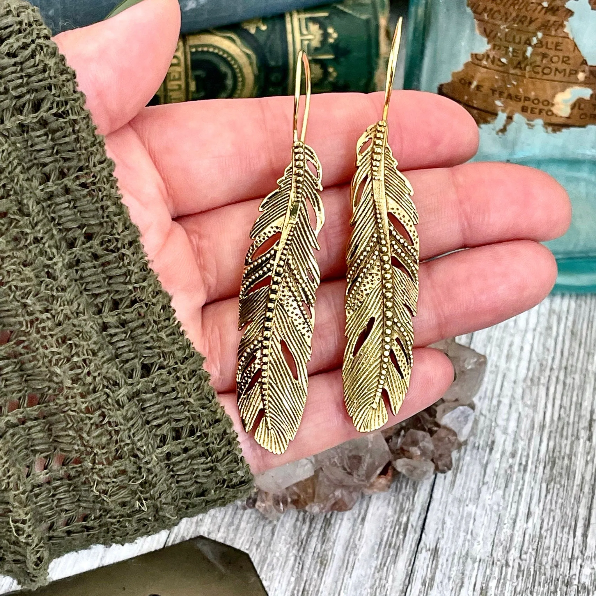 Long Large Brass Feather Earrings