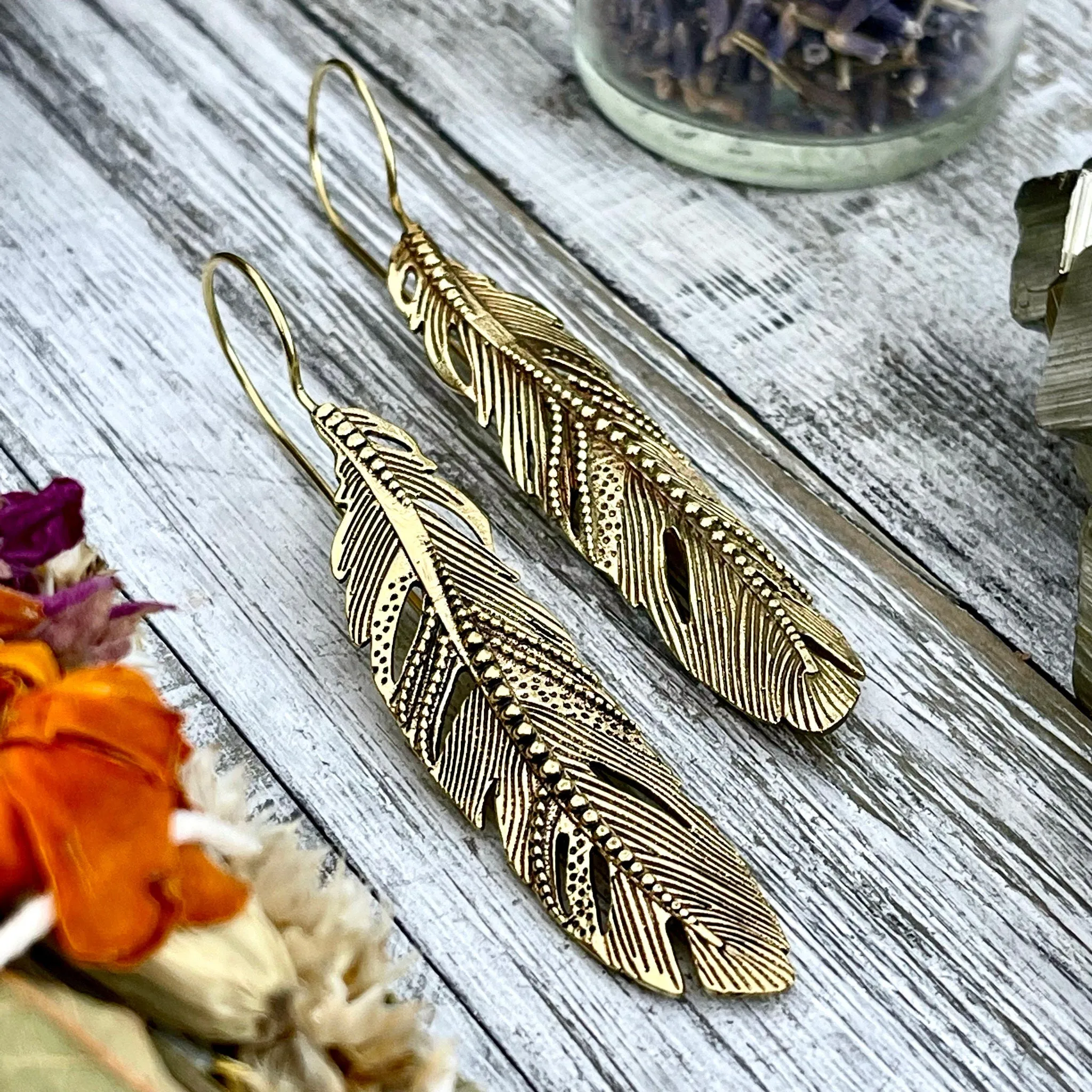 Long Large Brass Feather Earrings