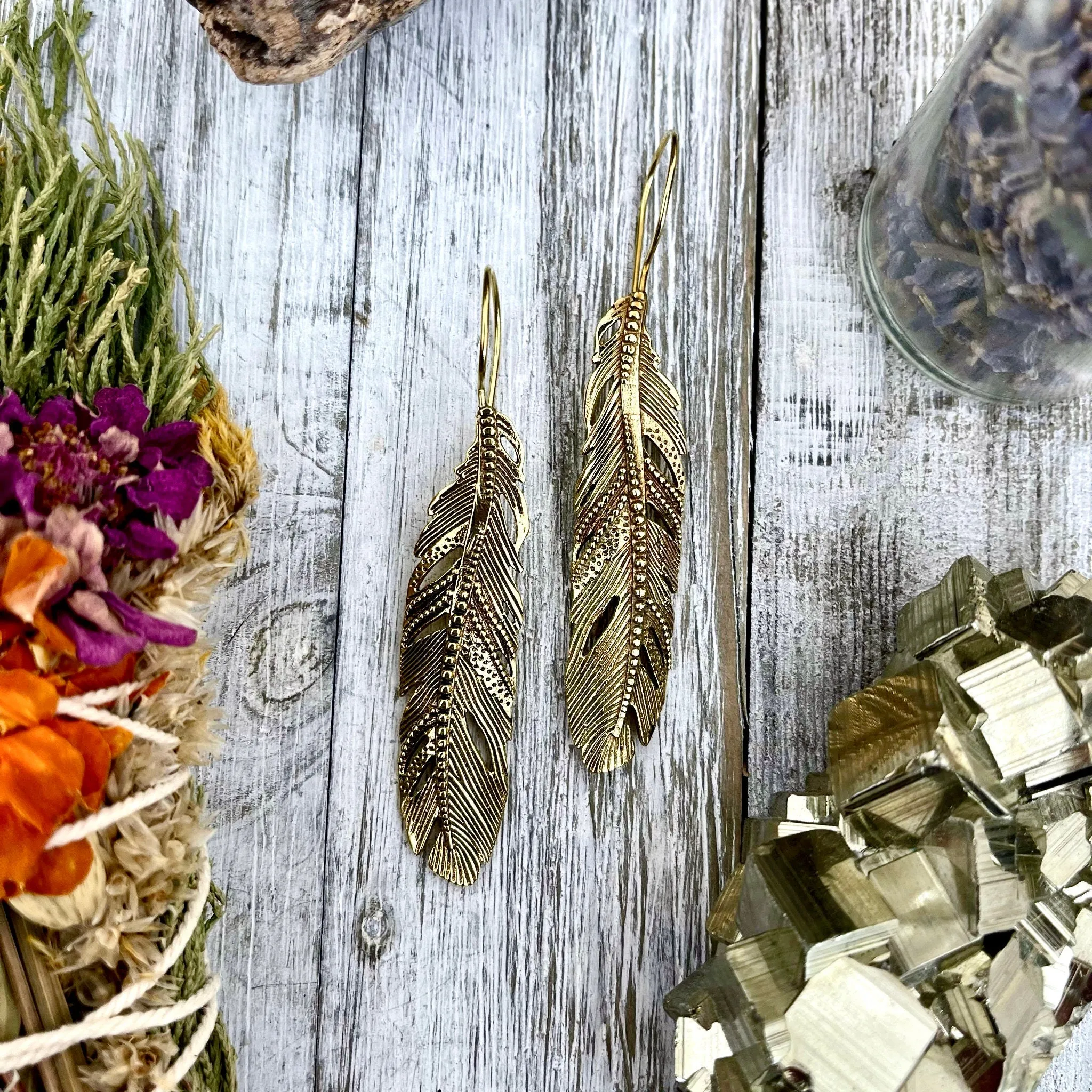 Long Large Brass Feather Earrings