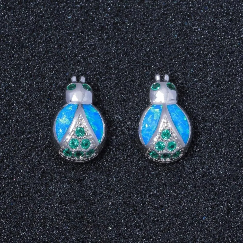 Lovely Cute Bug Blue Fire Opal Jewelry Stud Earrings