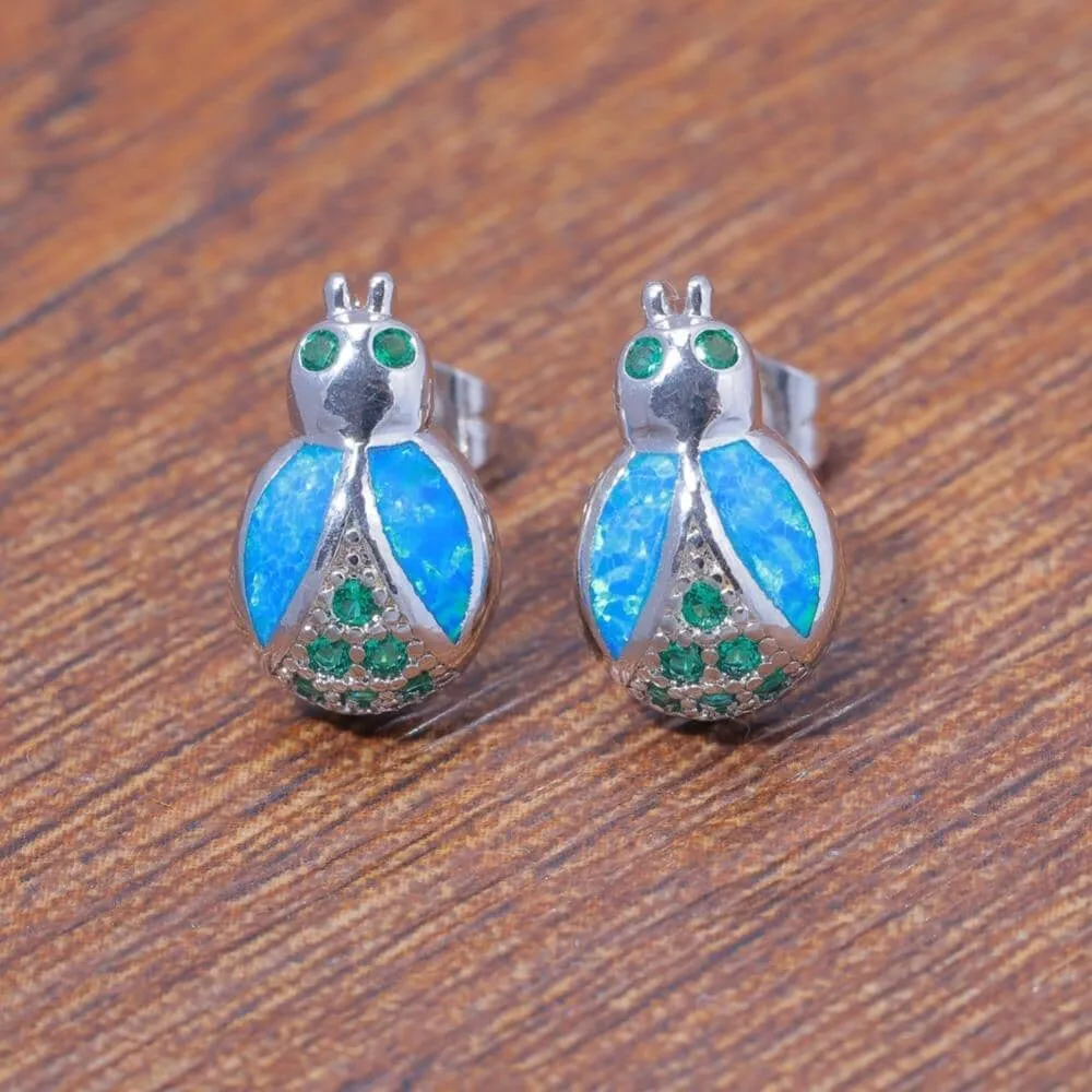 Lovely Cute Bug Blue Fire Opal Jewelry Stud Earrings