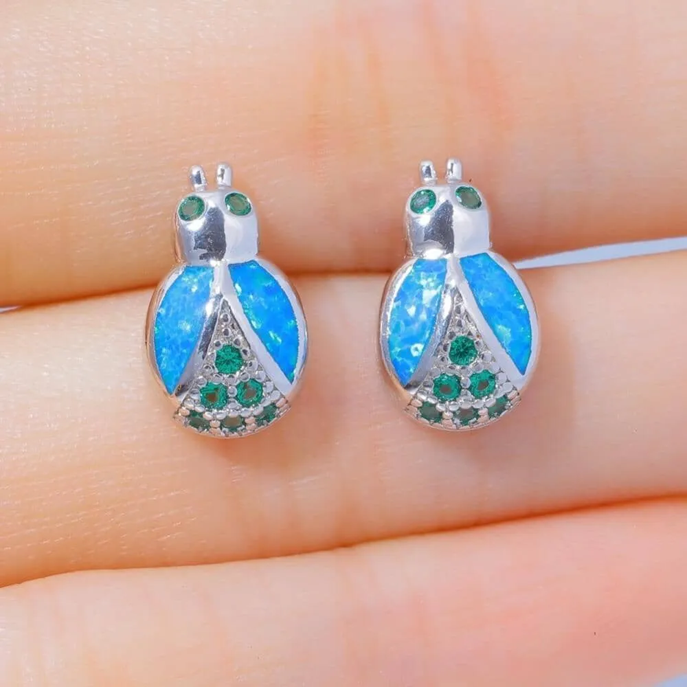 Lovely Cute Bug Blue Fire Opal Jewelry Stud Earrings