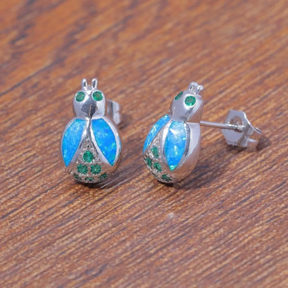 Lovely Cute Bug Blue Fire Opal Jewelry Stud Earrings