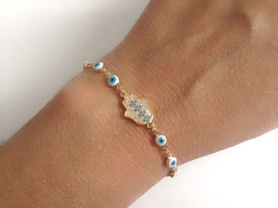 Lucky Charm bracelet, Evil Eye Gold Hamsa Bracelet, Protection Evil Eye Chain Pendant, Jewish Gifts, Mothers day gifts, Pulsera Mal de Ojo