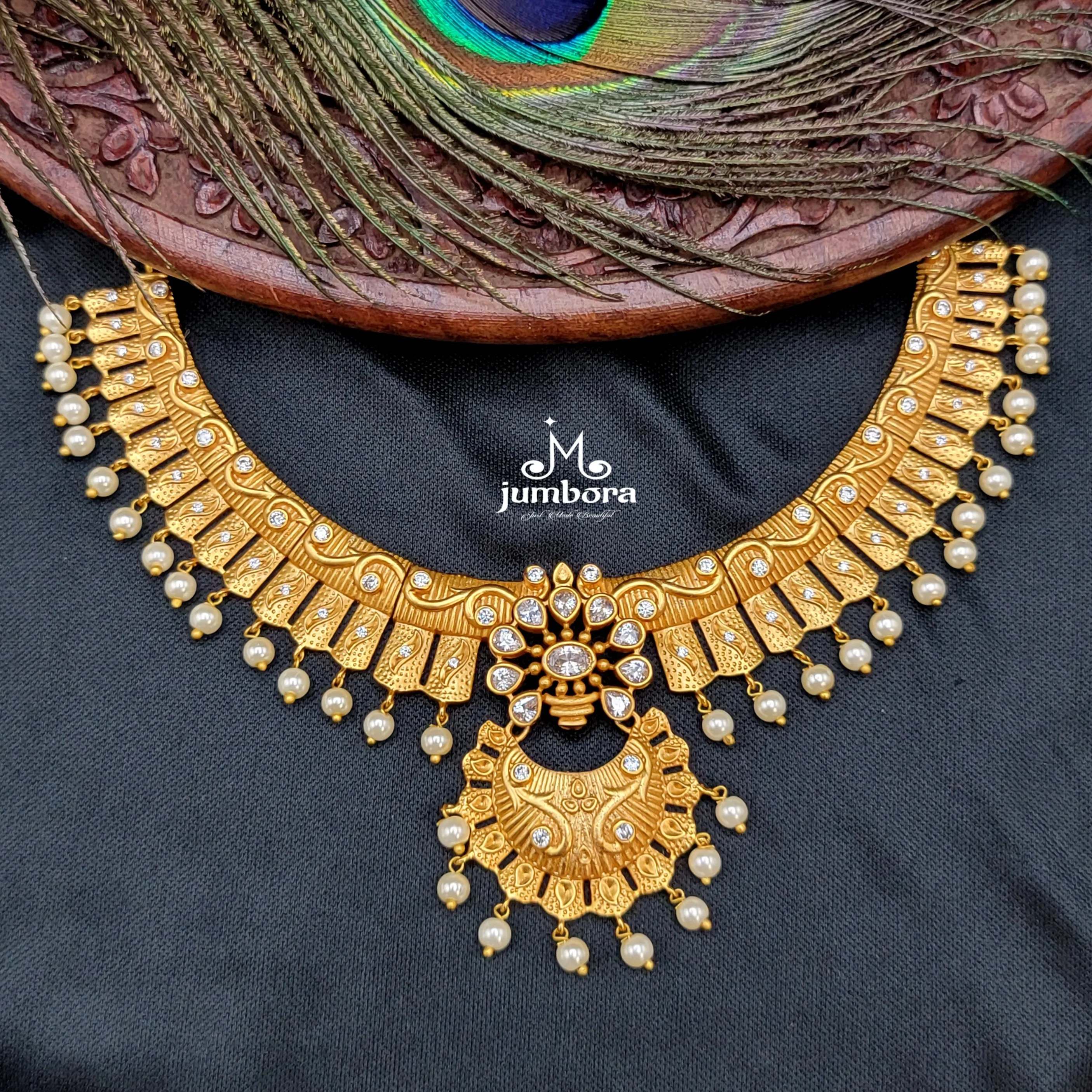 Matte Gold Chaandbali White AD Necklace set