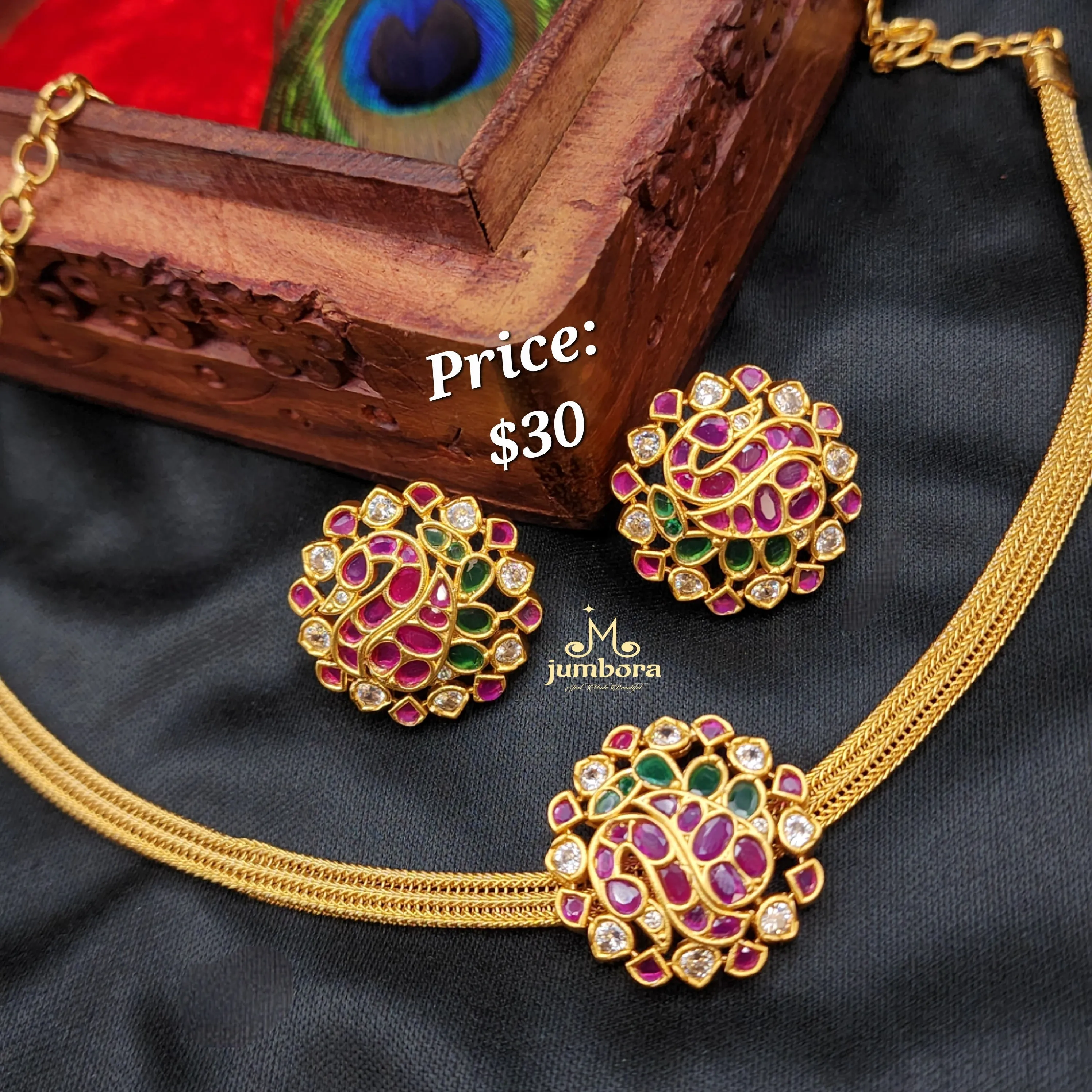 Matte Gold Peacock Addigai Style Kemp Necklace Set