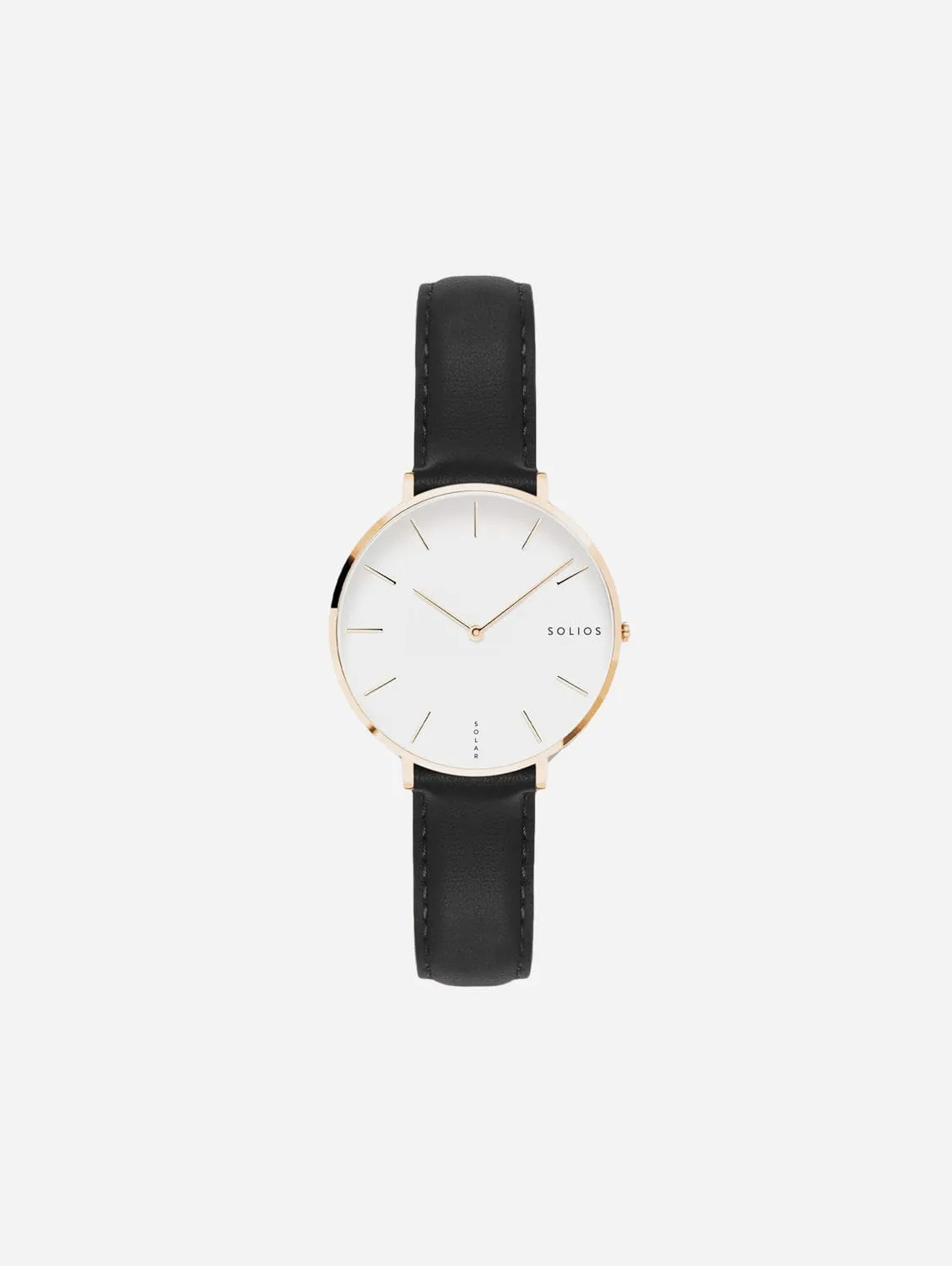 Mini Solar Watch with White & Rose Gold Dial  | Black Vegan Leather Strap